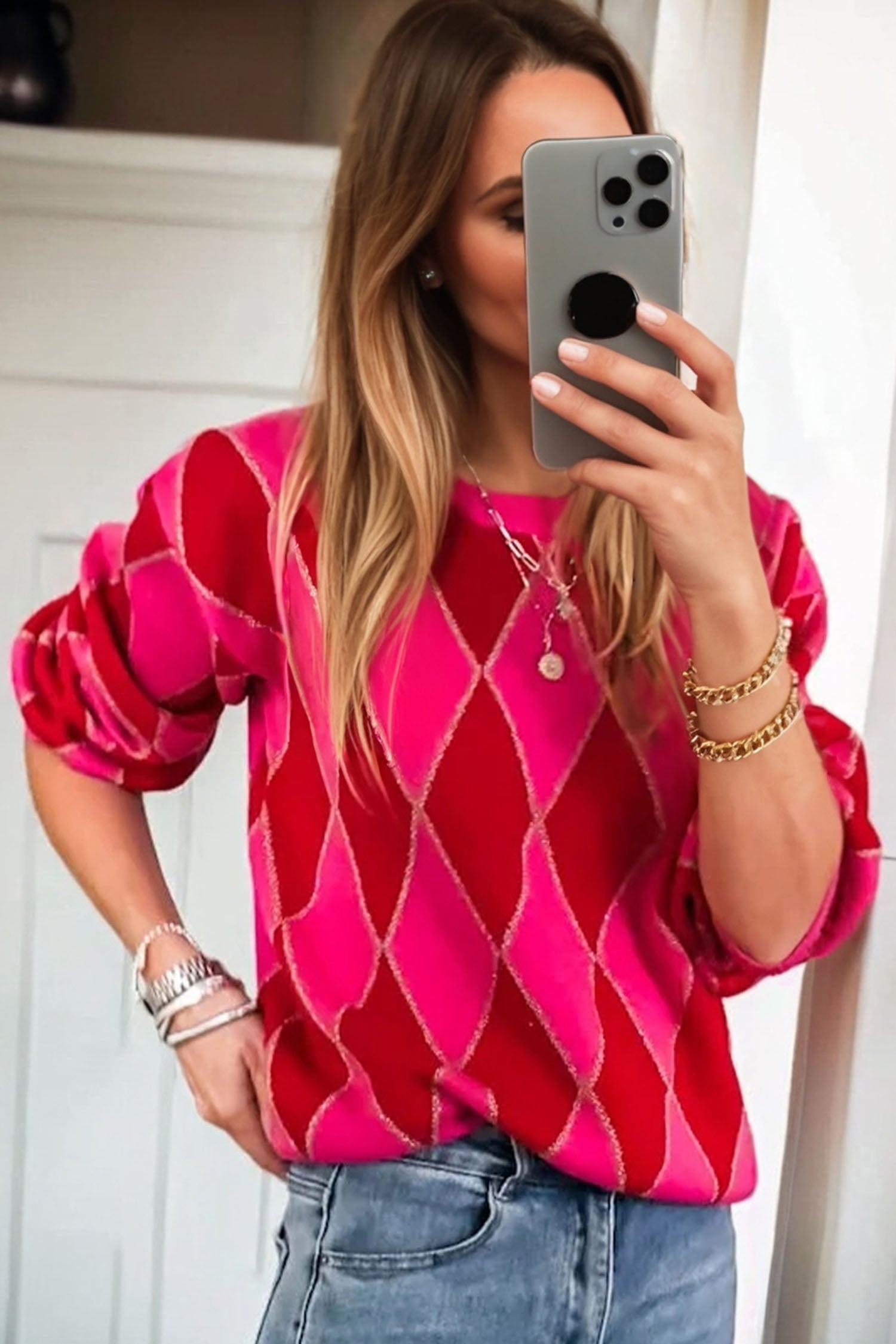 Glitter Rhombus Pattern Knit Casual Sweater - eAura