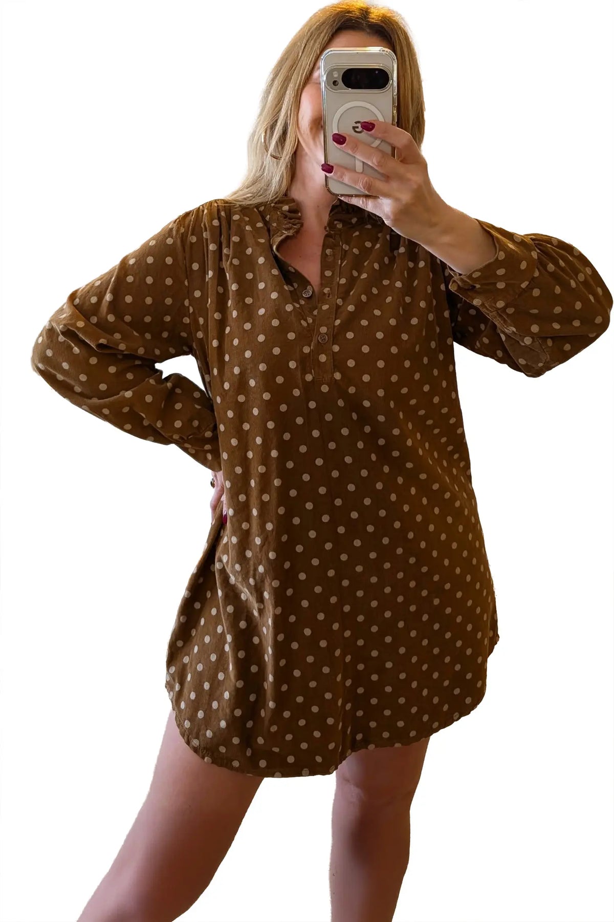 Polka Dot V Neck Long Sleeve Button Shift Dress – Brown
