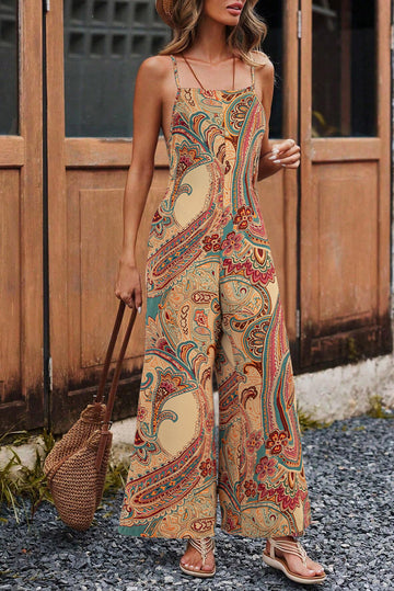 Red Paisley Printed Spaghetti Straps Elegant Wide Leg Jumpsuit eAura
