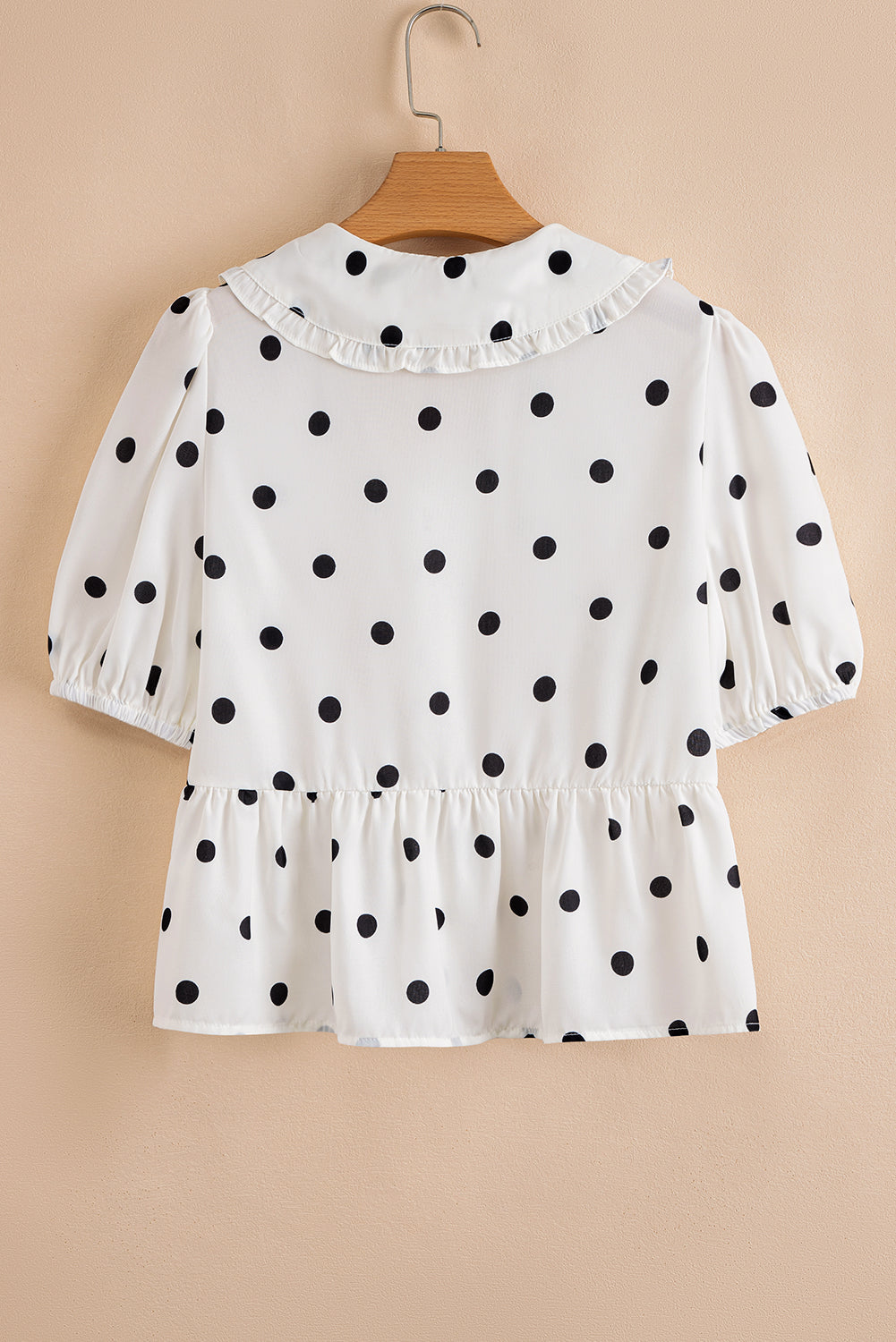 White Polka Dot Collared Tie-up Font Puff Sleeve Peplum Top eAura