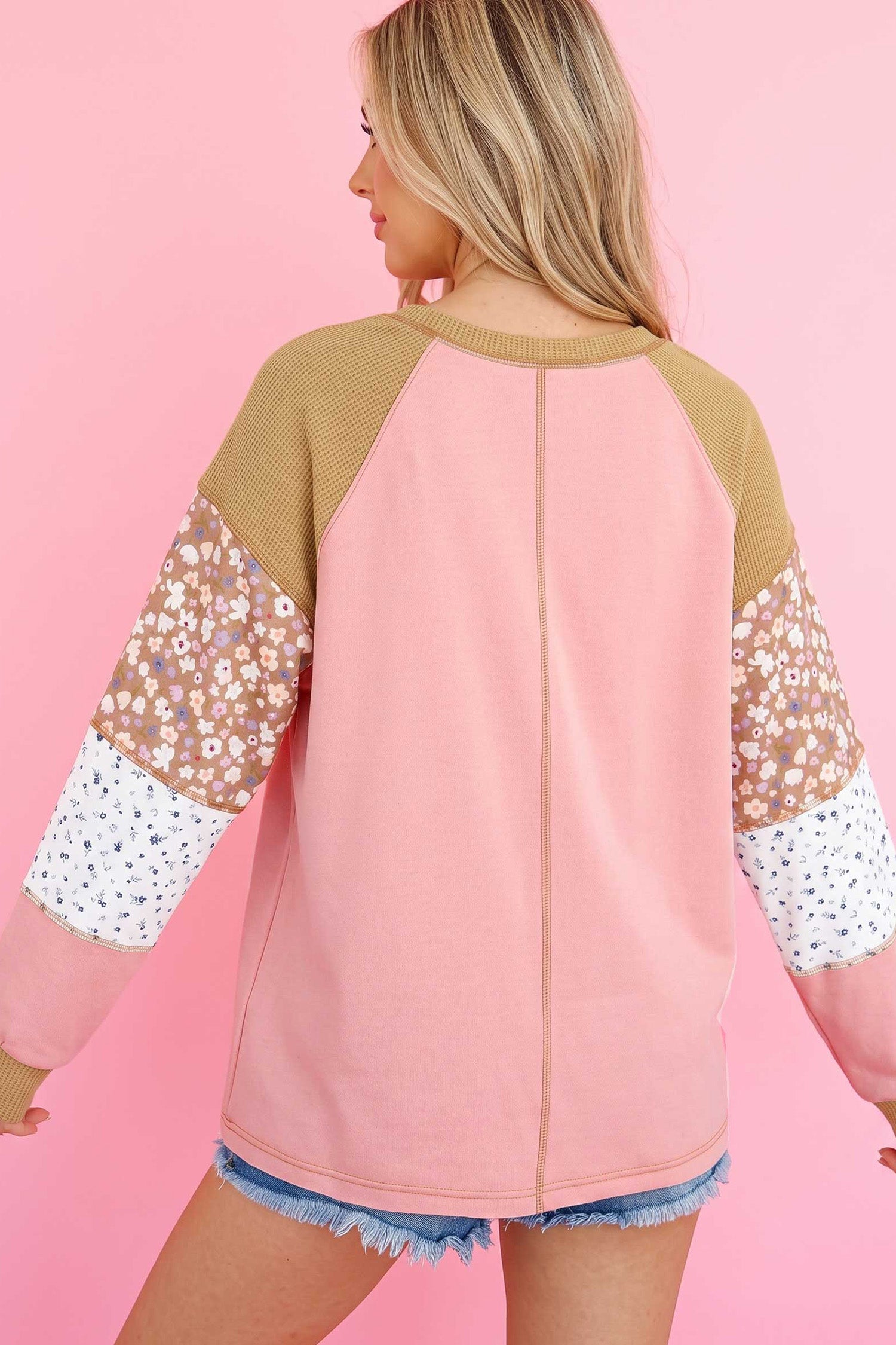 Color Block Floral Waffle Mixed Patchwork Long Sleeve Top – Apricot Pink