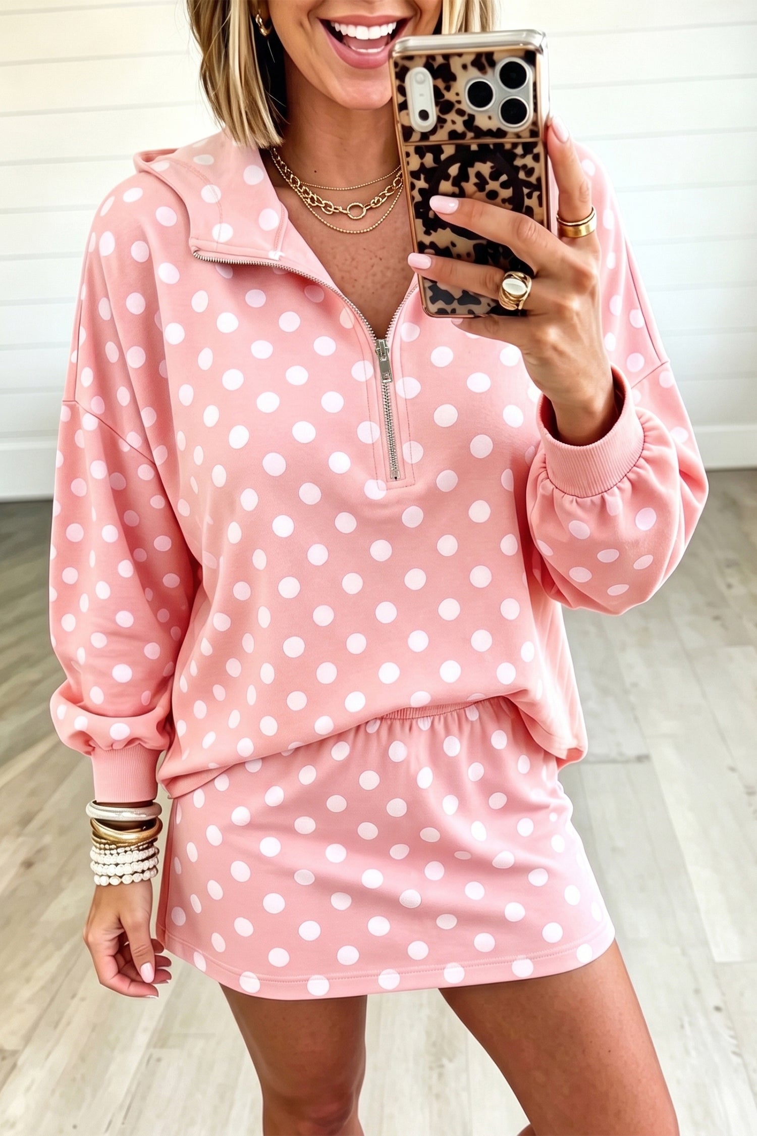 Polka Dot Hooded Long Sleeve Top Casual Mini Skort Set – Khaki