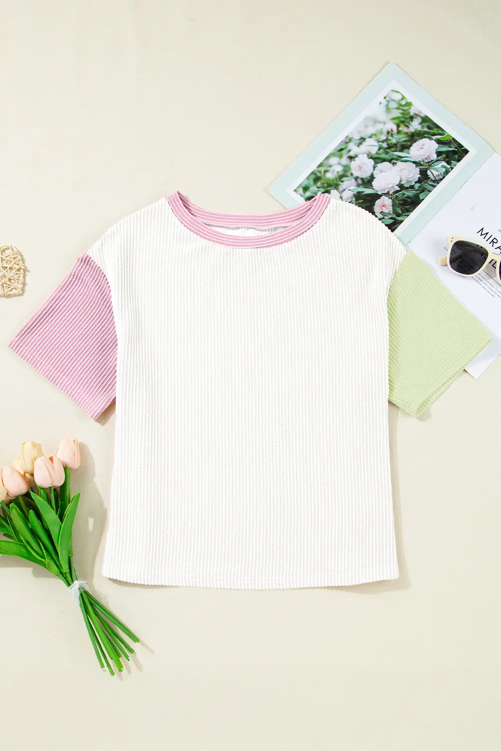 Corded Colourblock Crewneck Tee – White