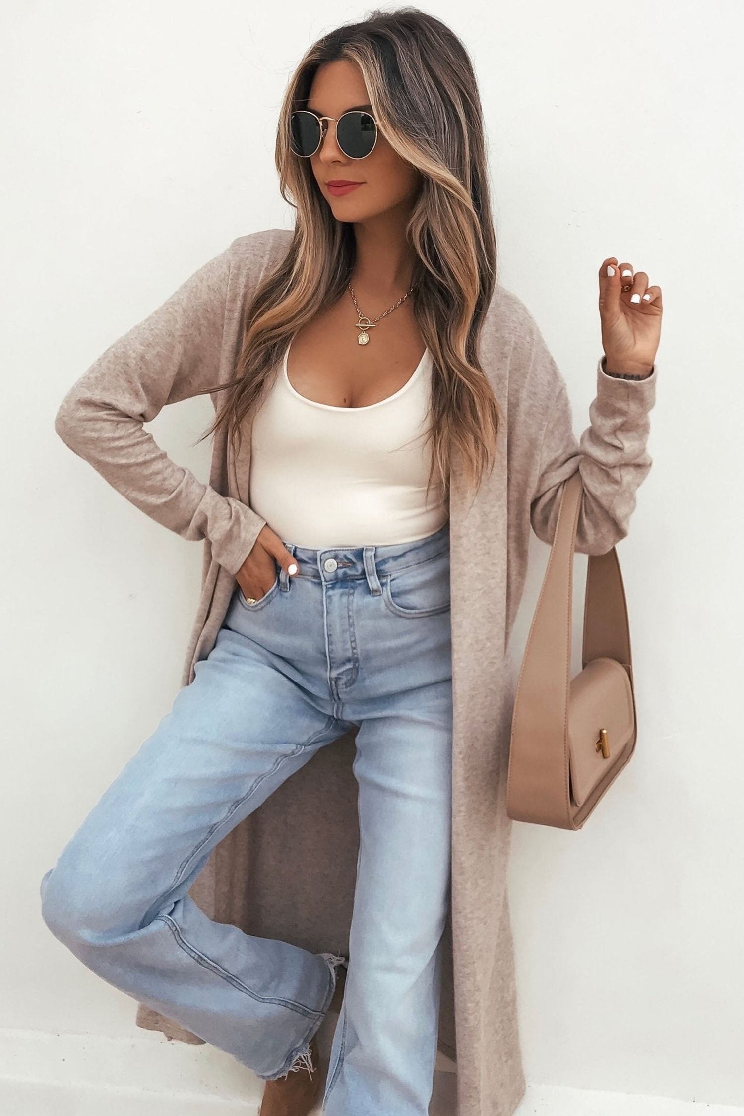 Solid Color Long Sleeve Casual Tunic Shift Cardigan – Parchment