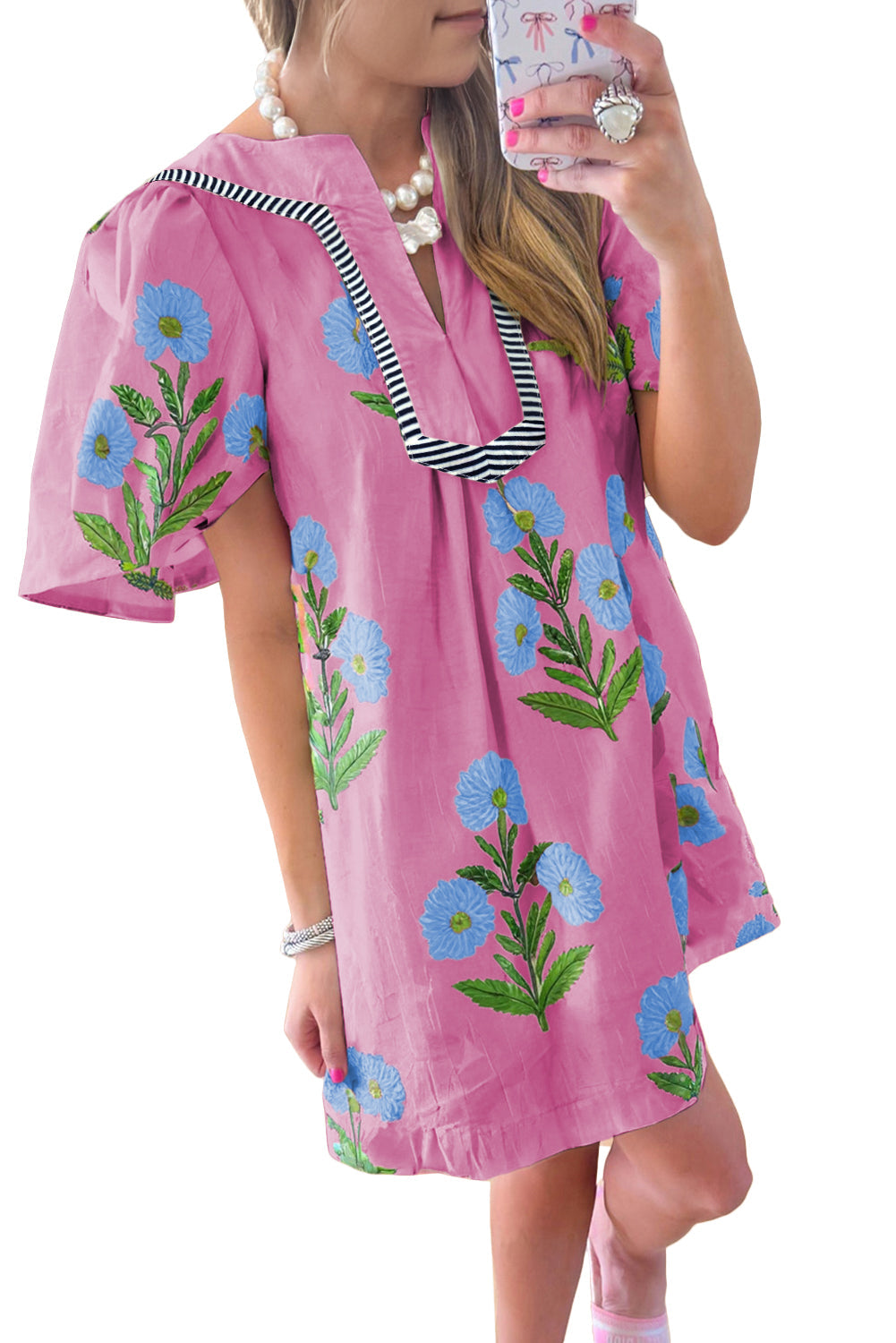 Floral Short Sleeve Split Neck Loose Mini Dress eAura
