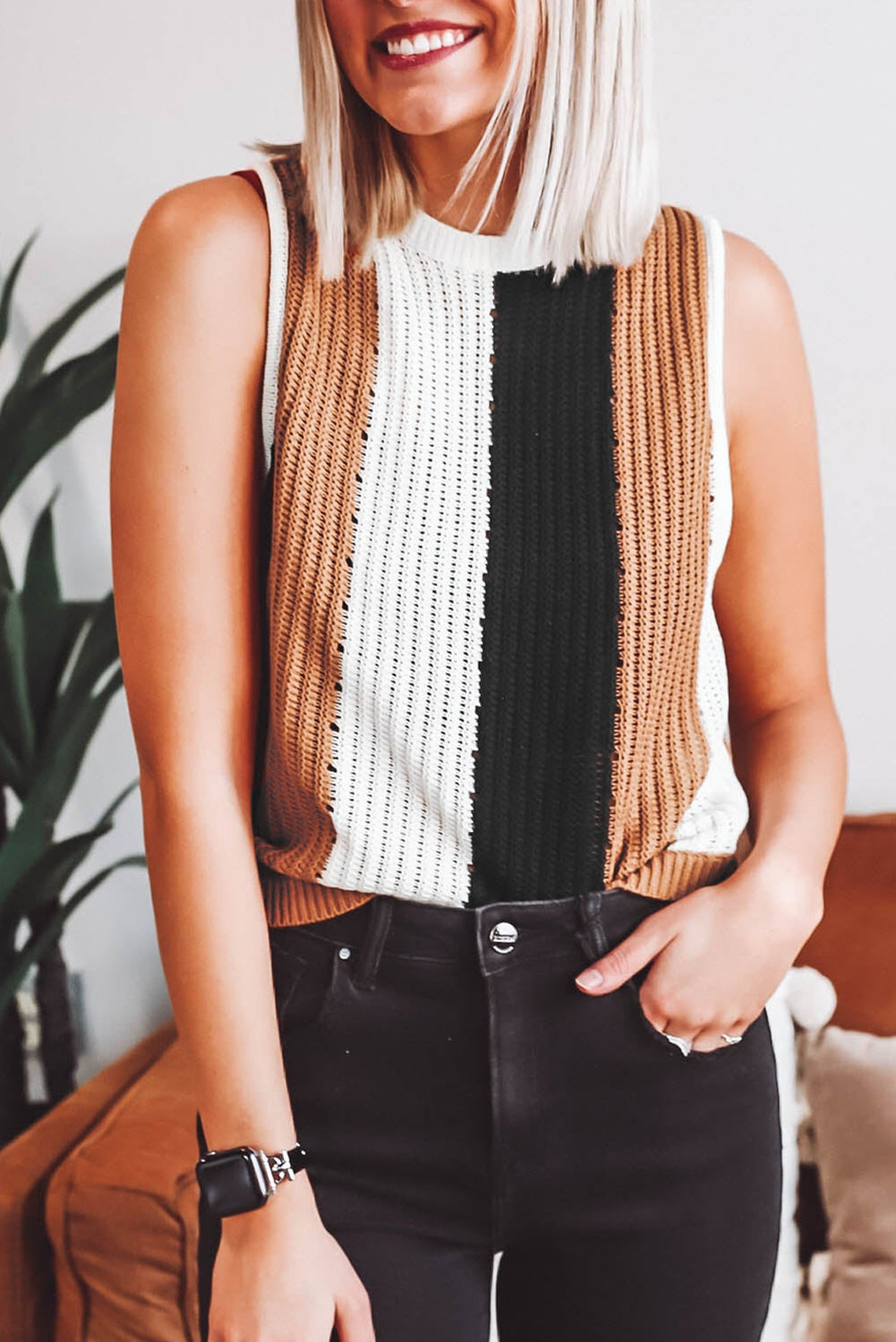 Khaki Stripe Colour Block Sleeveless Knitted Sweater Vest eAura