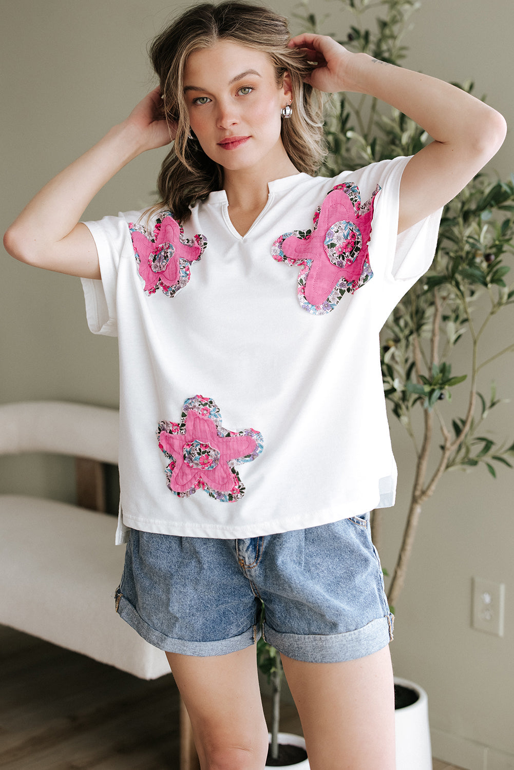White Floral Applique Notched V Neck Dolman Sleeve Top eAura
