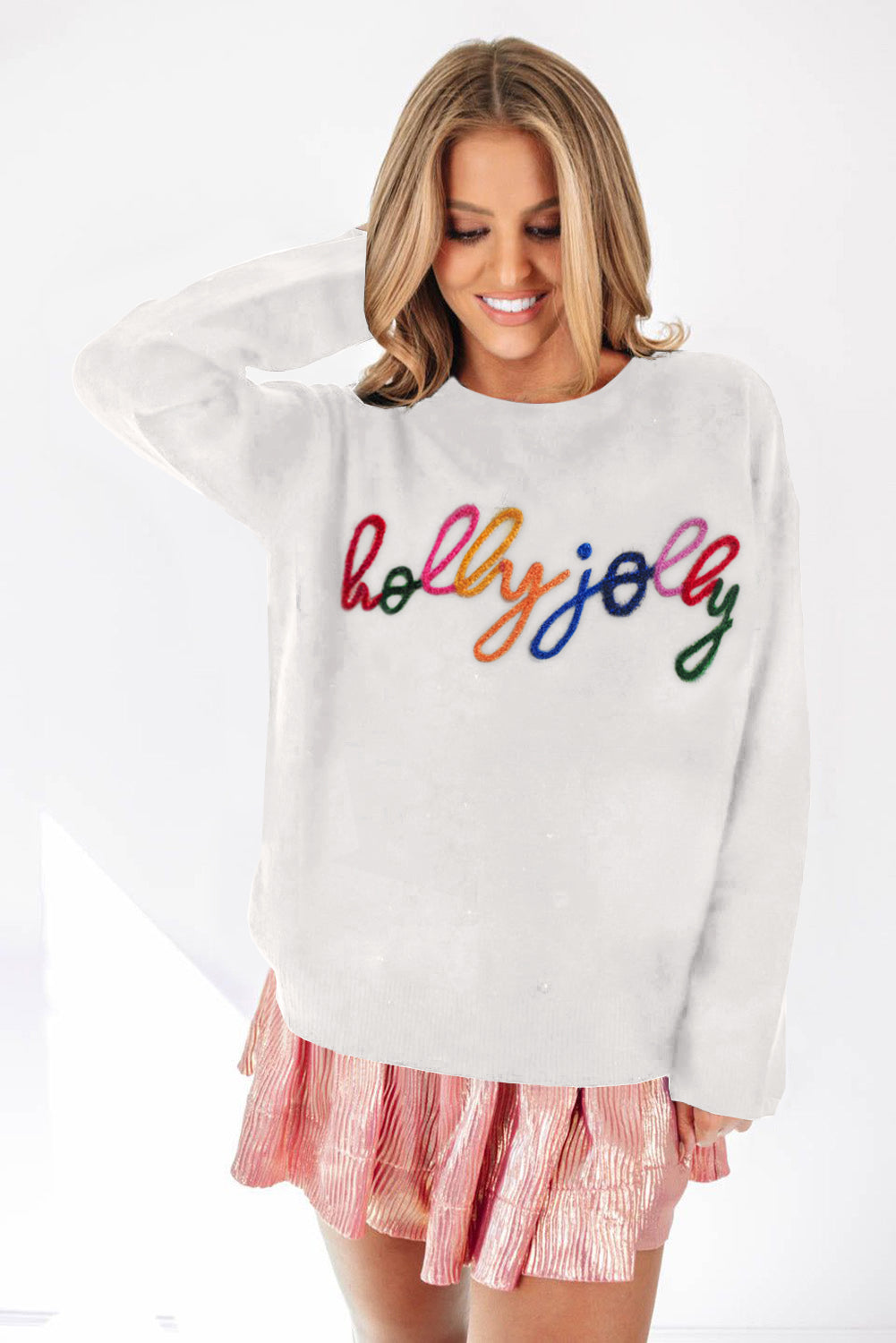 White XOXO Glitter Print Round Neck Casual Sweater eAura