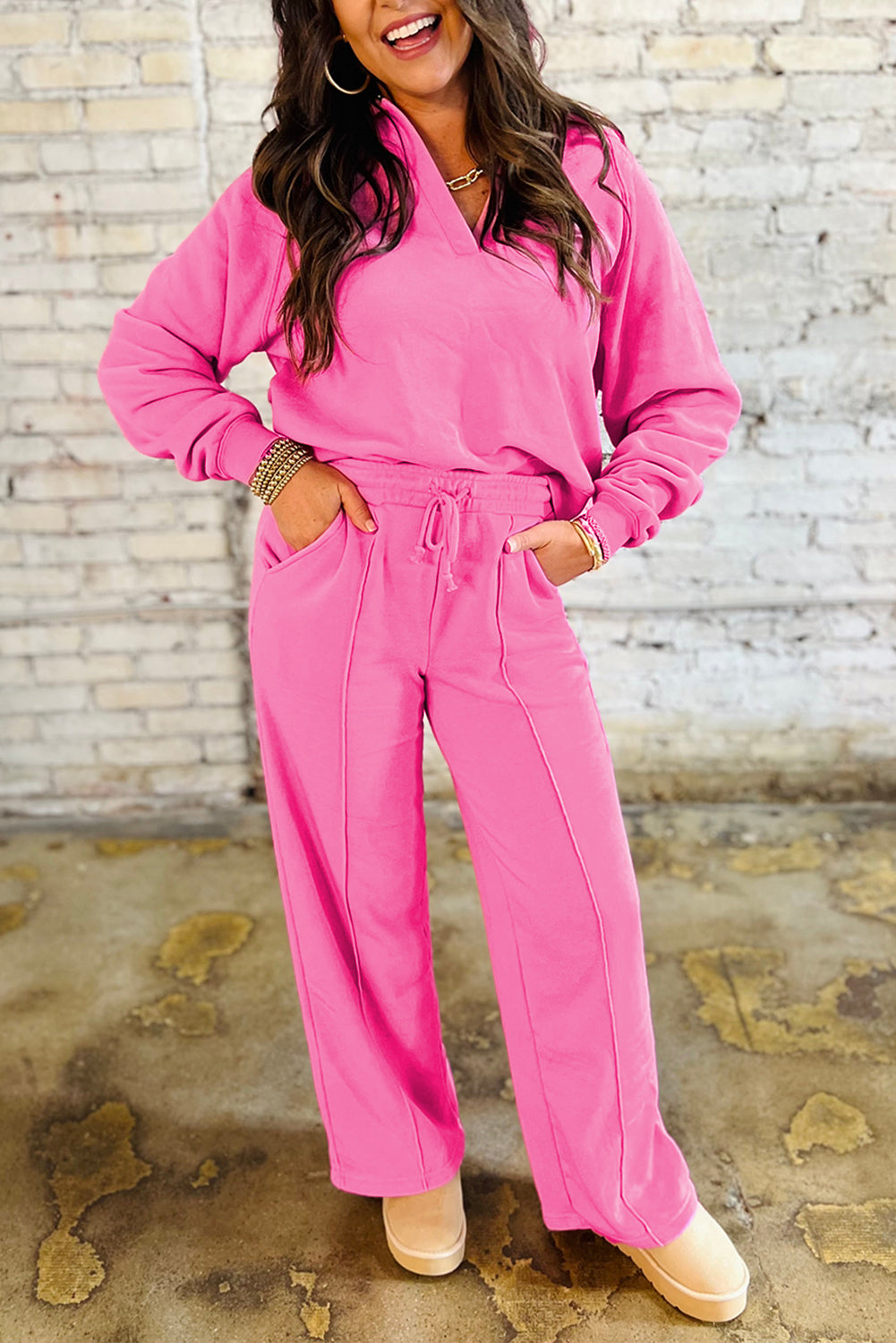 Sachet Pink Solid Color Collared Pullover and Central Seam Pants Set Dear-Lover Dropshipping