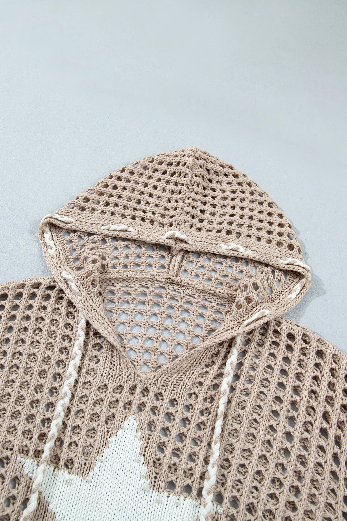 Star Pattern Crochet Hooded Drawstring Sweater – Sage Green