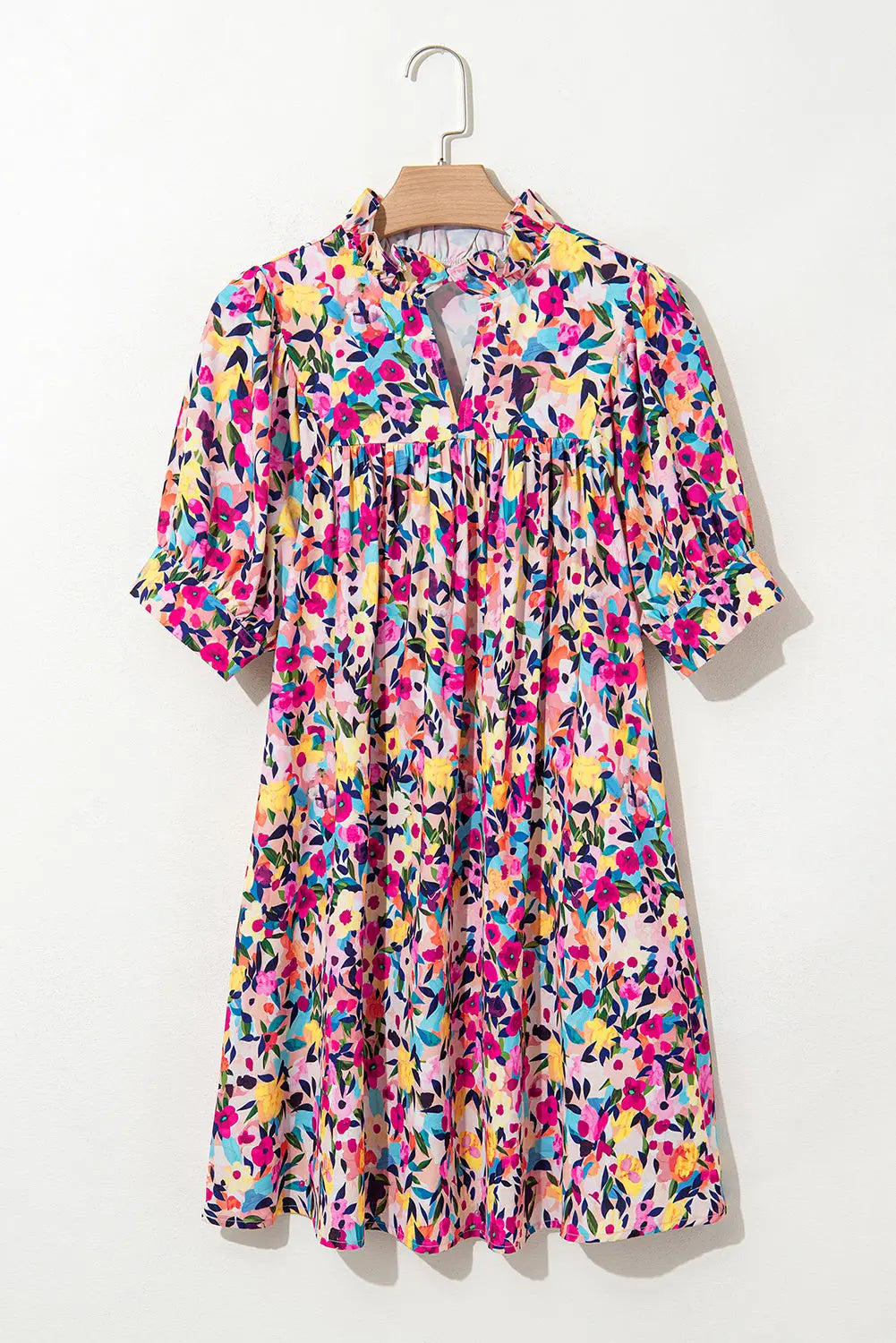 Pink Floral Puff Short Sleeve V Neck Mini Dress - Dresses/Floral Dresses