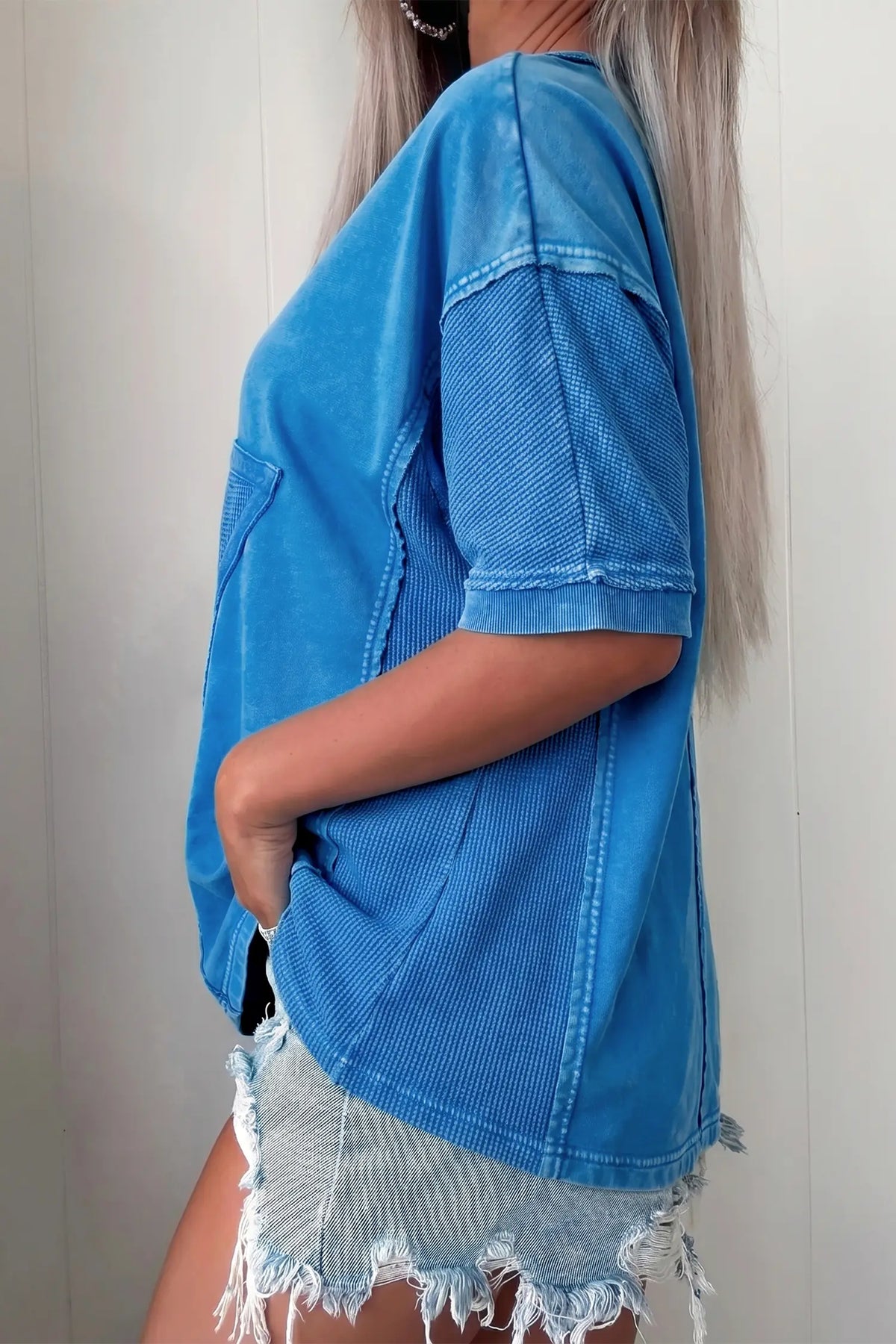 Mineral Wash Star Mesh Patchwork Oversize Tee – Blue