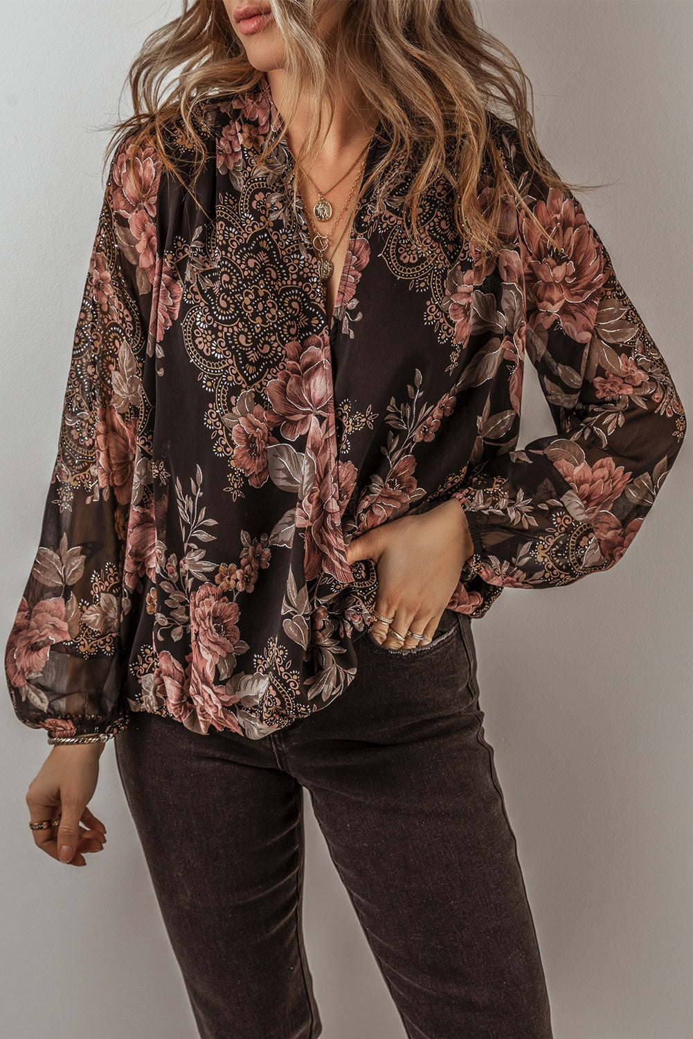 Black Floral Print Criss Cross V Neck Balloon Sleeve Blouse eAura
