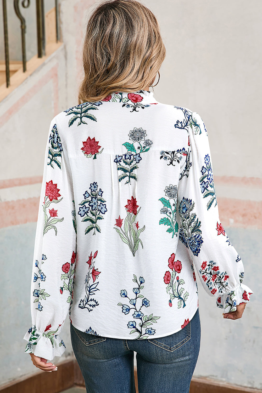 White Floral Print Frilled Collar V-Neck Long Sleeve Shirt - eAura