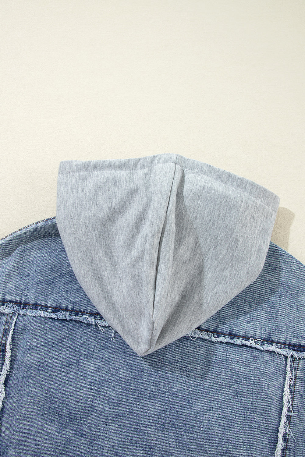 Beau Blue Plaid Print Patchwork Hooded Raw Hem Denim Jacket Beagle Boutique Fashion Outlet