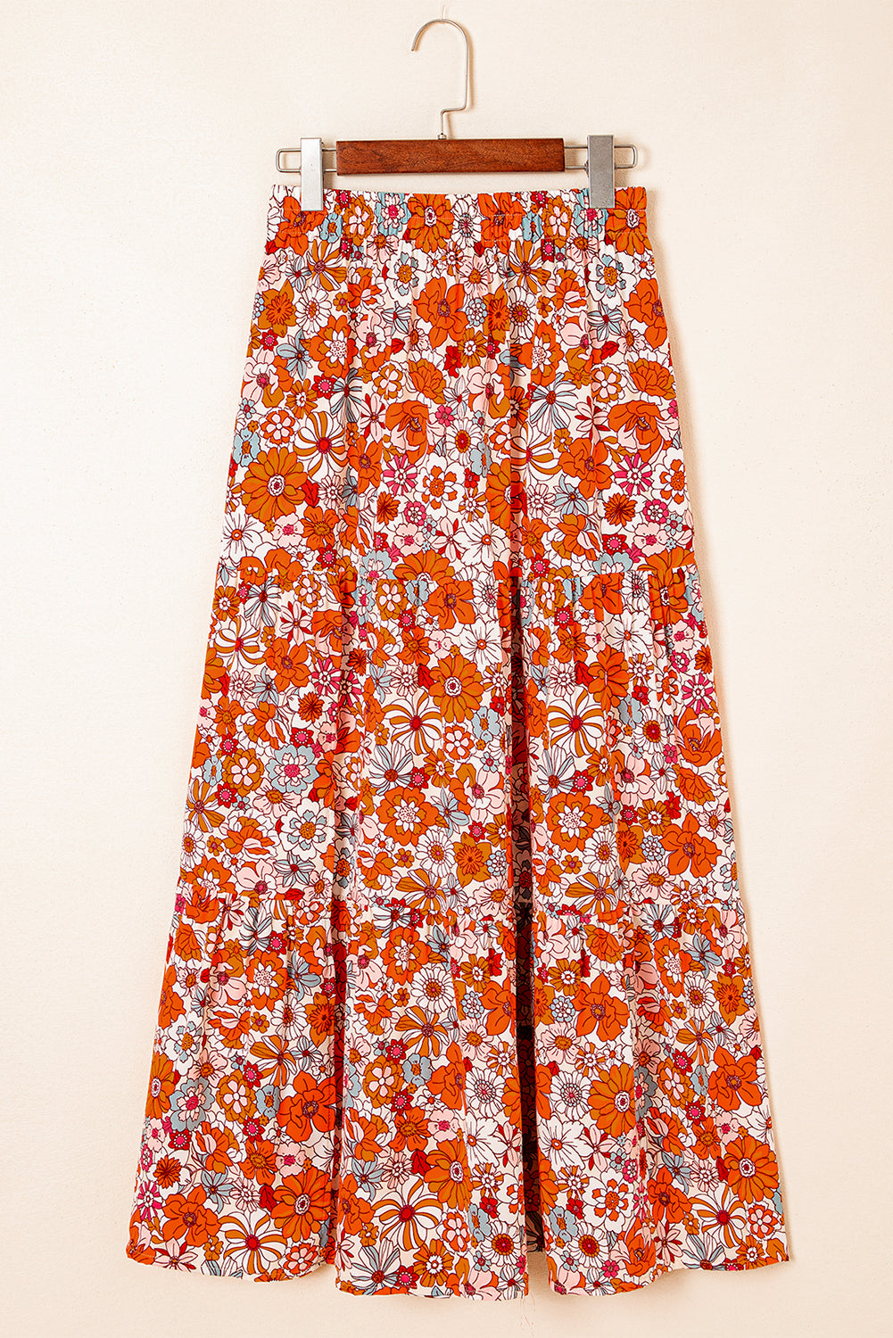 Blue Bohemian Floral Print Tiered Maxi Skirt with Split