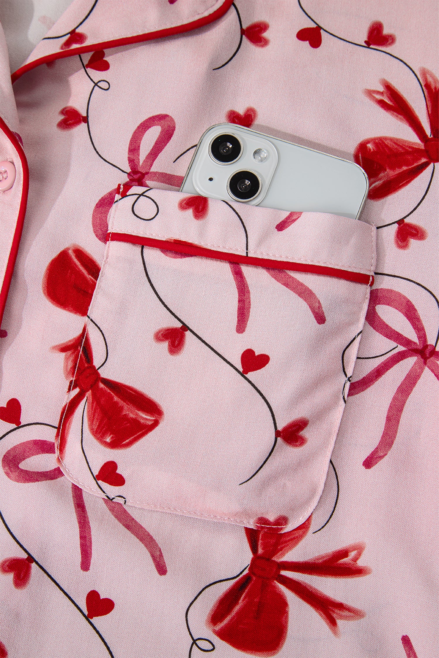 Bow Print Valentine Long Sleeve Shirt Shorts 2 Pcs Pajama Set – Red