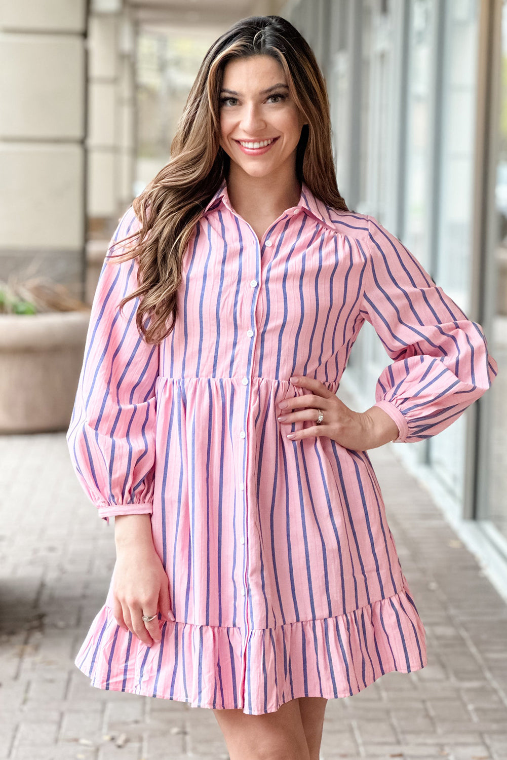 Pink Stripe Ruffled Hem Button-up Collared Shirt Mini Dress Beagle Boutique Fashion Outlet