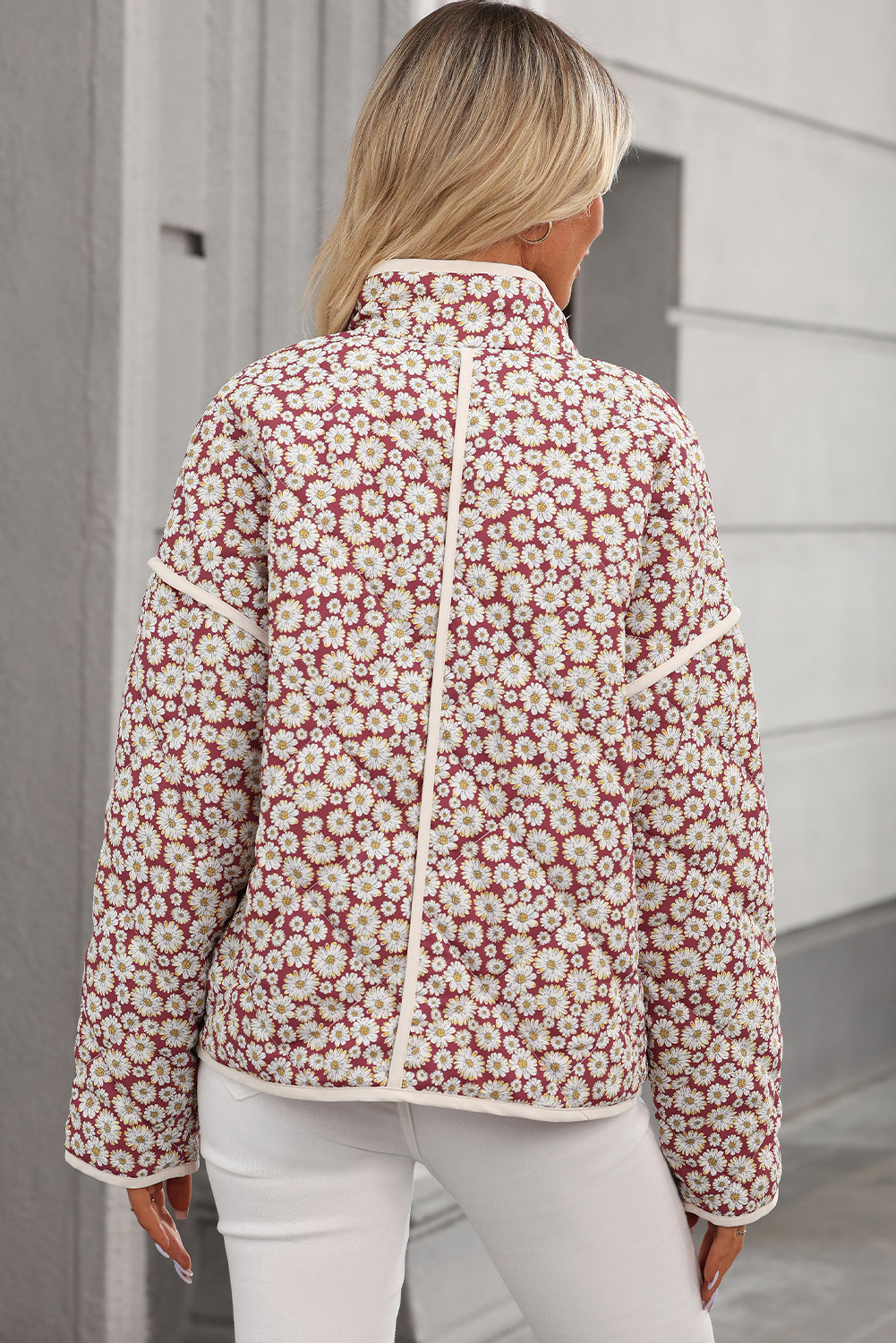 Pink Floral Print Contrast Edge Stand Neck Coat eAura