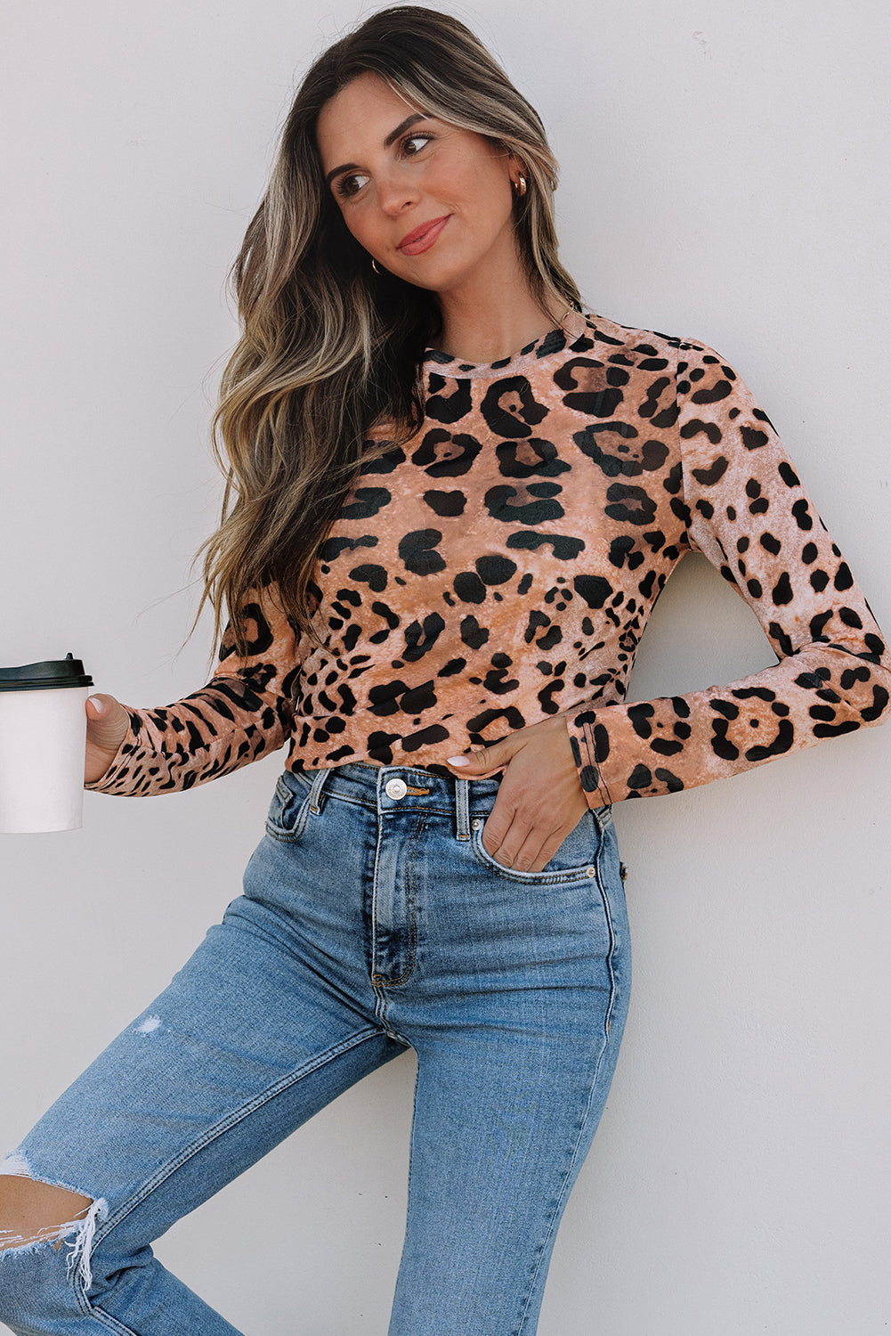 Brown Leopard Round Neck Long Sleeve Slim Top eAura