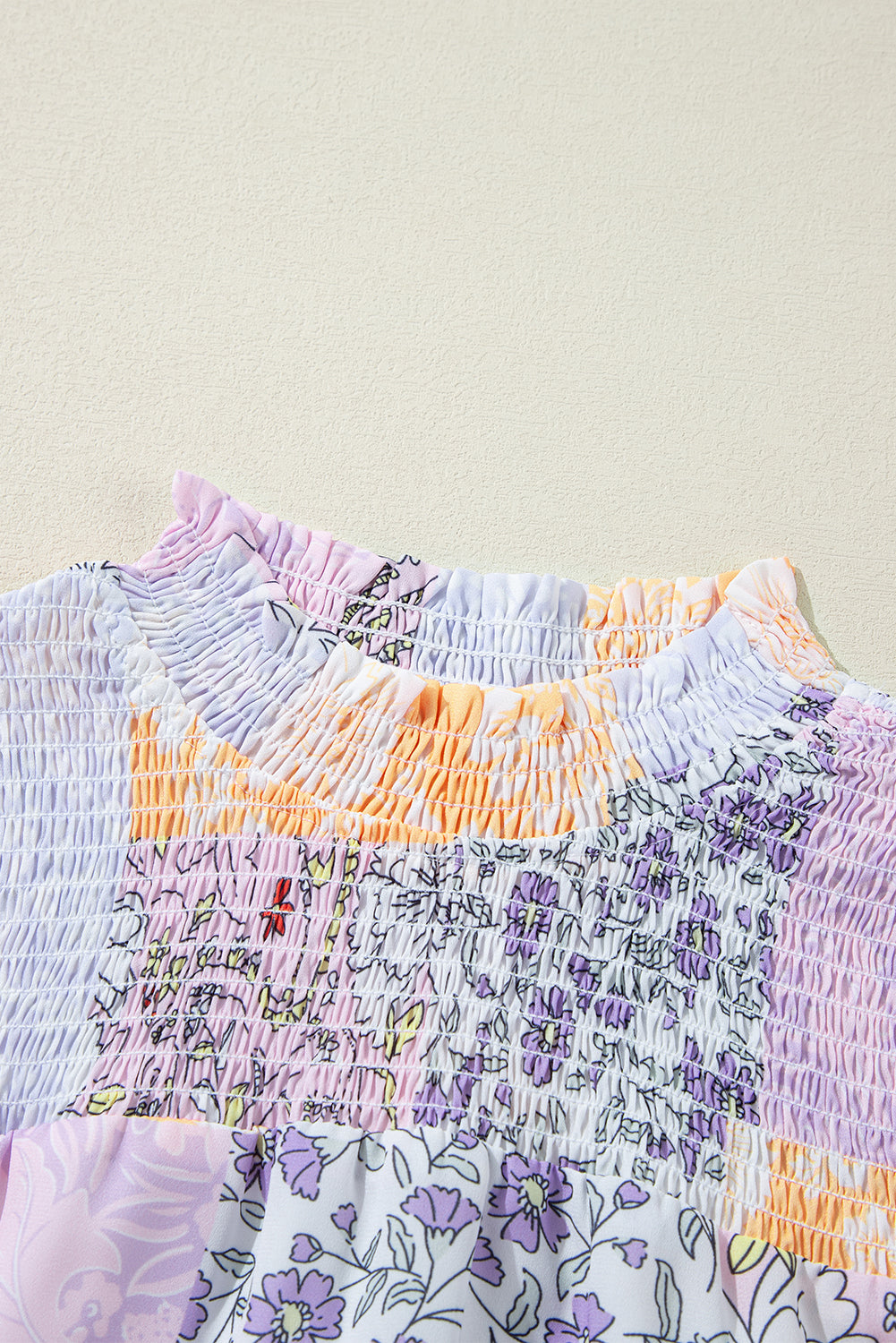 Multicolour Floral Smocked Mock Neck Ruffled Tiered Bubble Sleeve Dress eAura