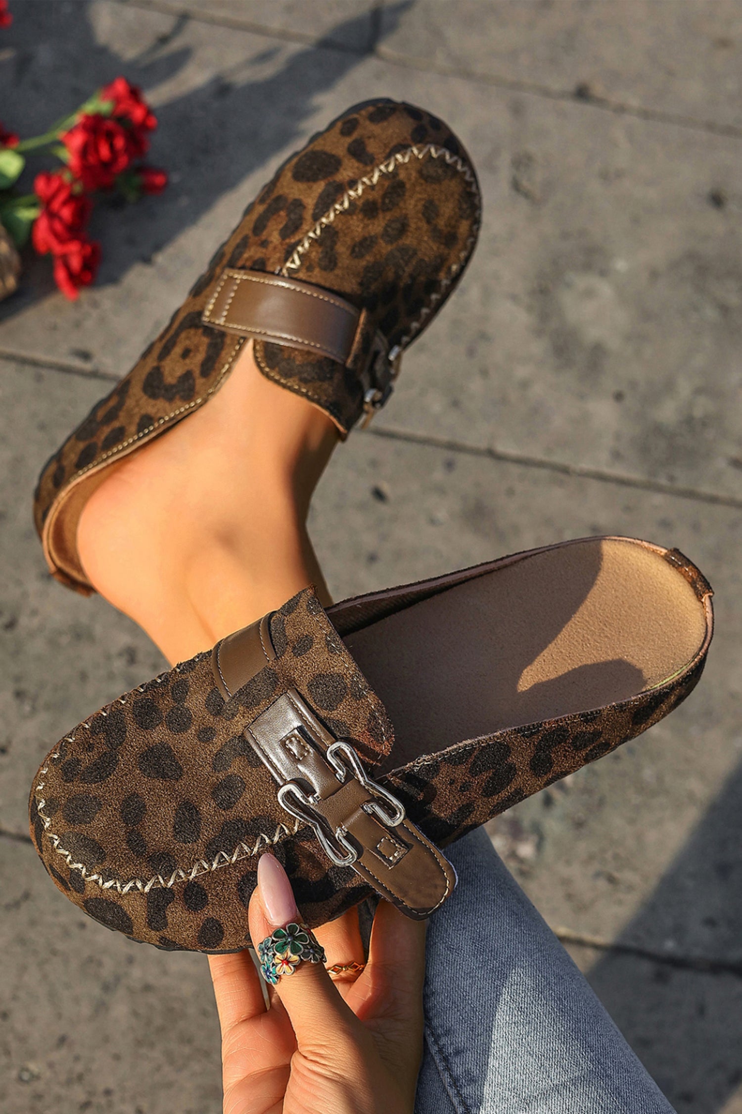 Coffee Faux Suede Buckle Strap Mule Sandals