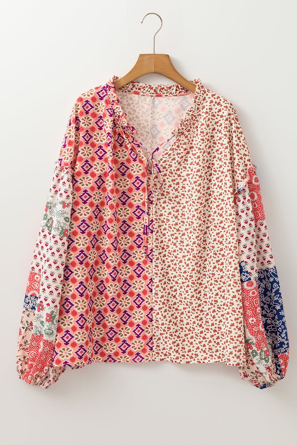 Orange Floral Geometric Patchwork Lace-up Crewneck Plus Size Blouse BB Fashion Outlet