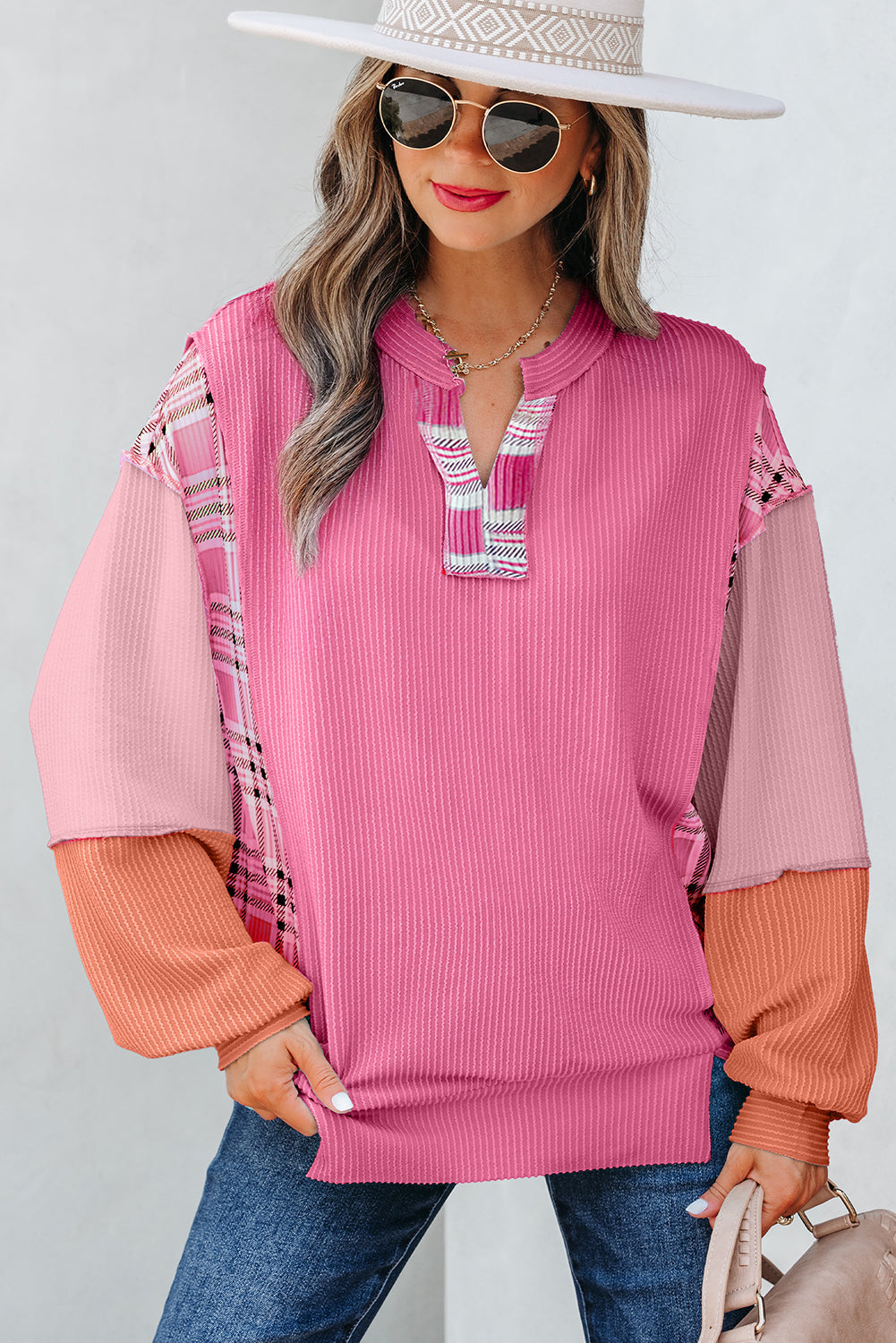 Soft Corded Texture Patchwork Split Neck Long Sleeve Top - eAura