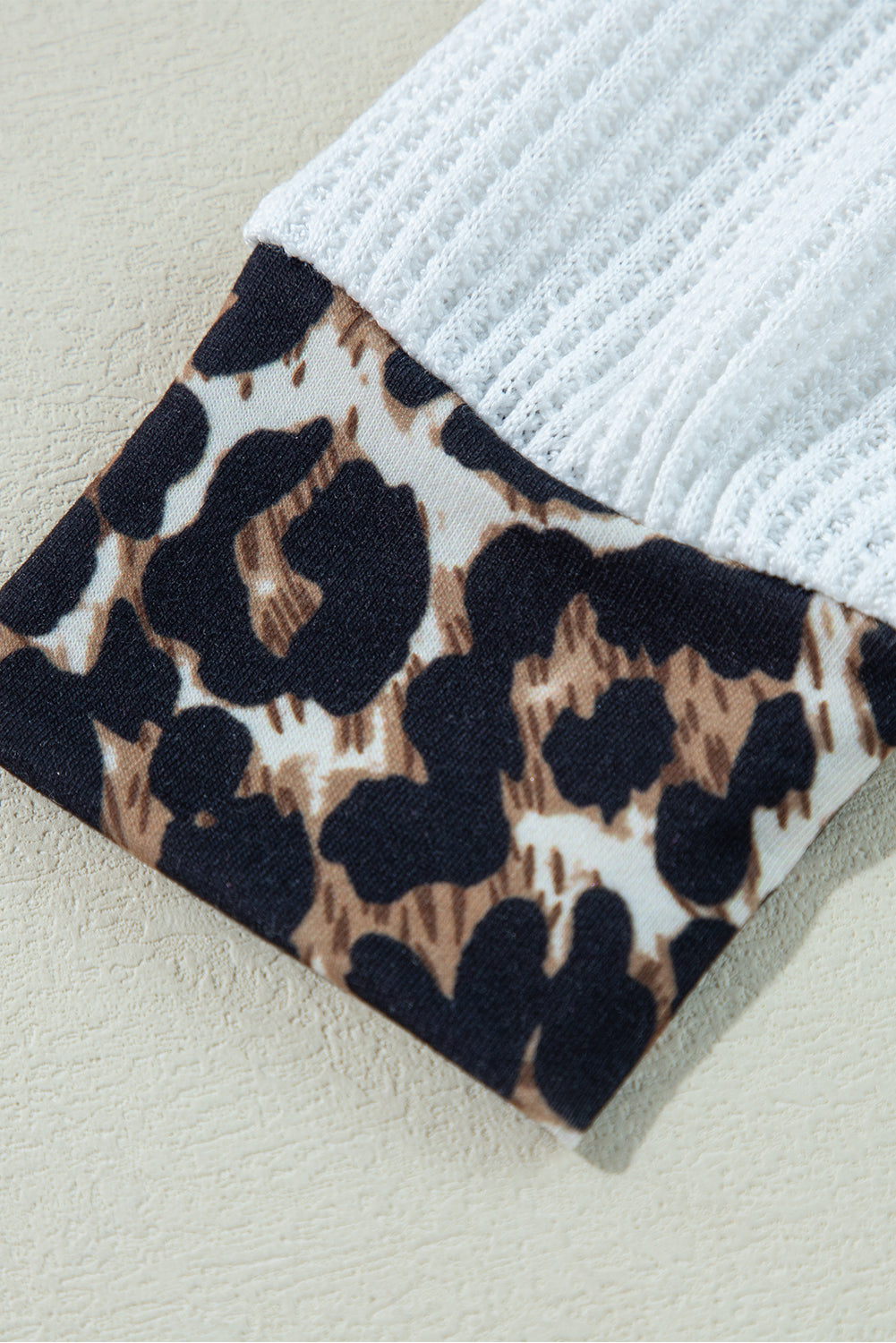 White Leopard Waffle Knit Patchwork Button V Neck Top - eAura