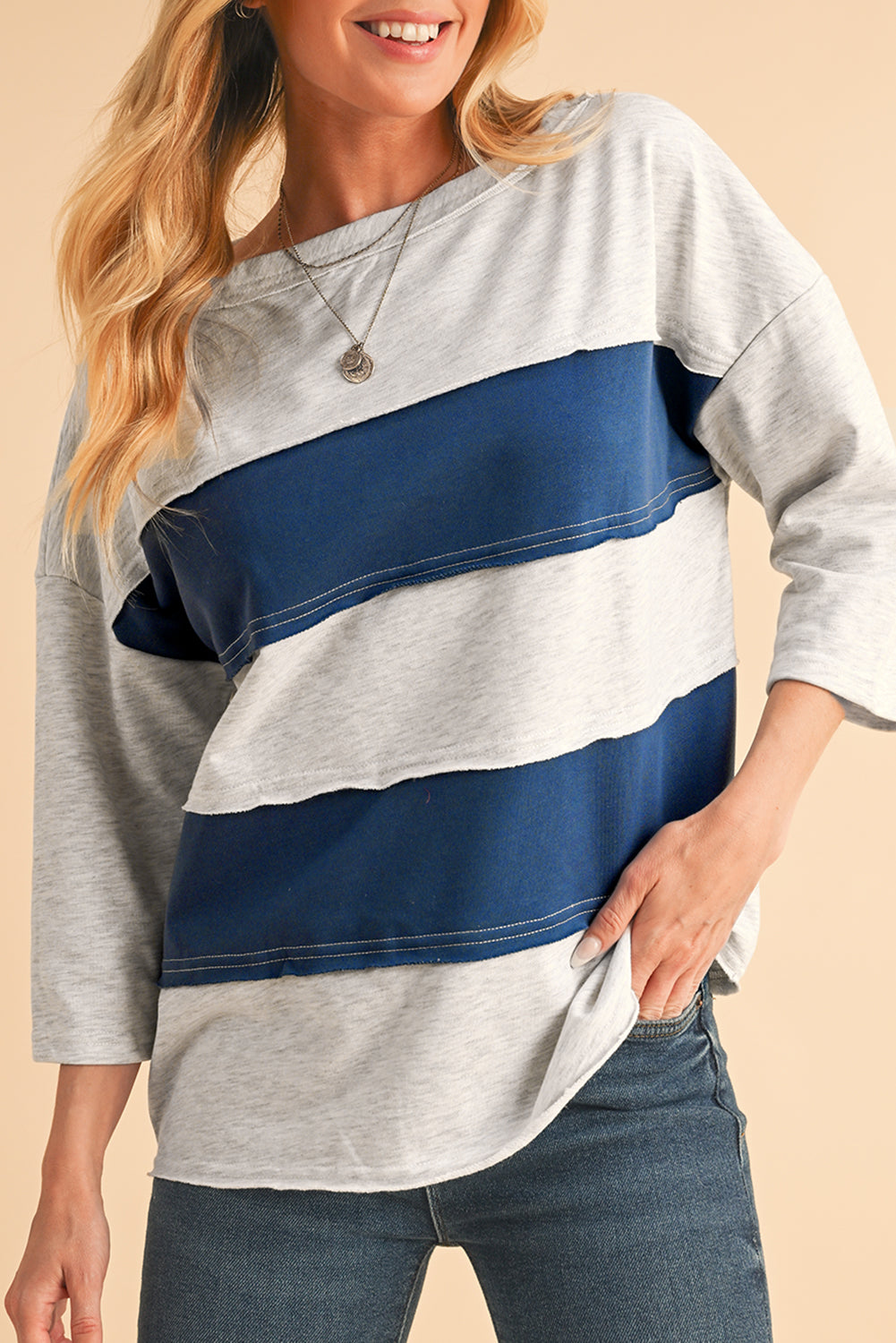 Striped Patchwork 3/4 Sleeves Raw Edge Sweatshirt - eAura