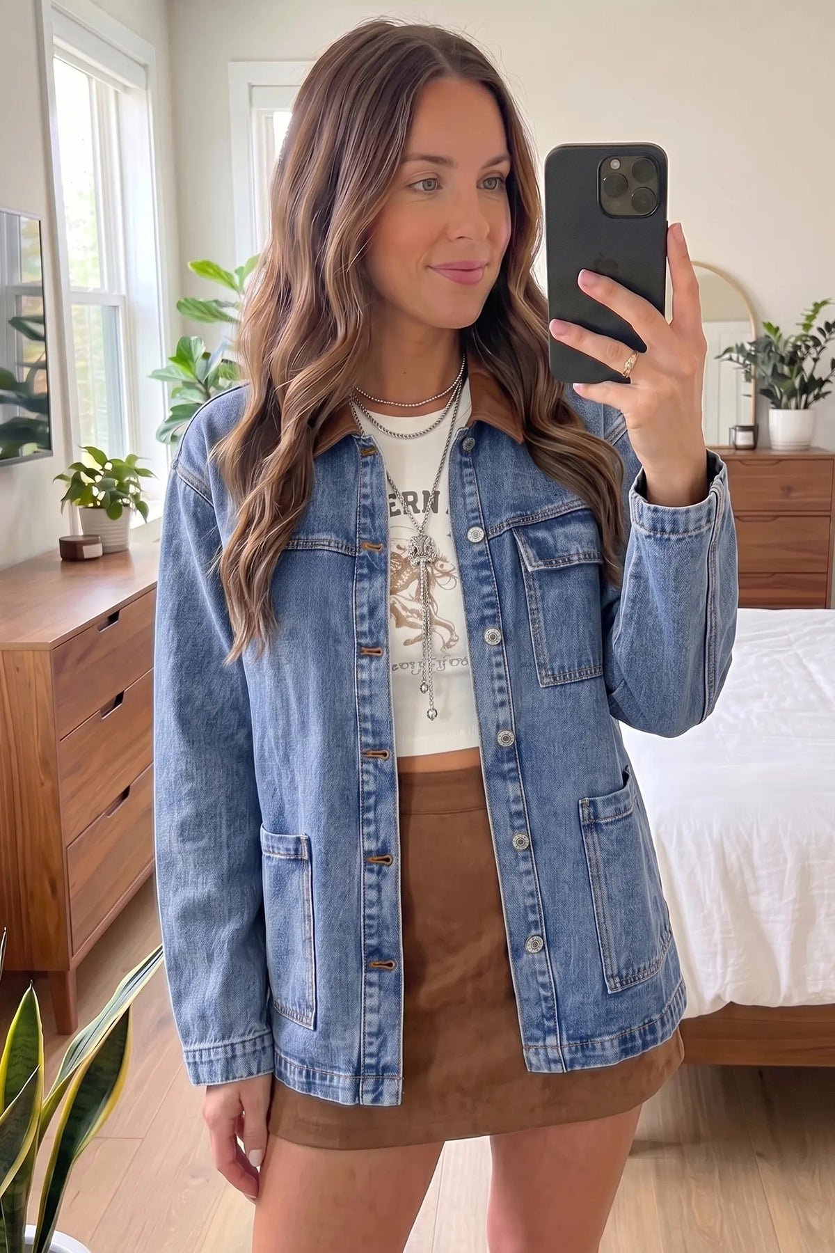 Sky Blue Patchwork Leather Collar Long Sleeve Denim Jacket – Light Blue