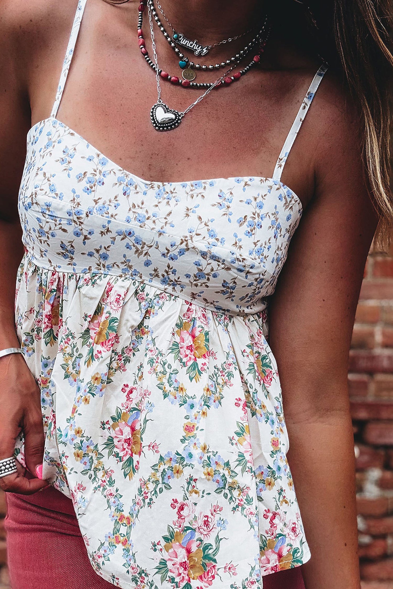 Contrast Floral Printed Patchwork Spaghetti Straps Babydoll Top – White