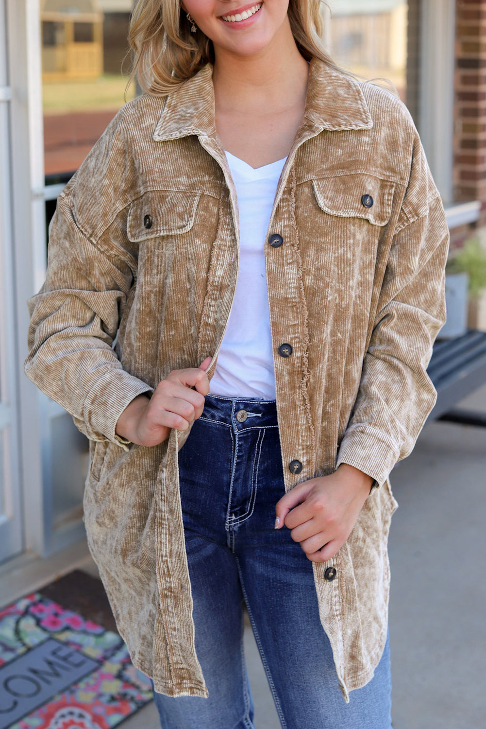 Khaki Vintage Distressed Mineral Wash Oversized Shacket eAura