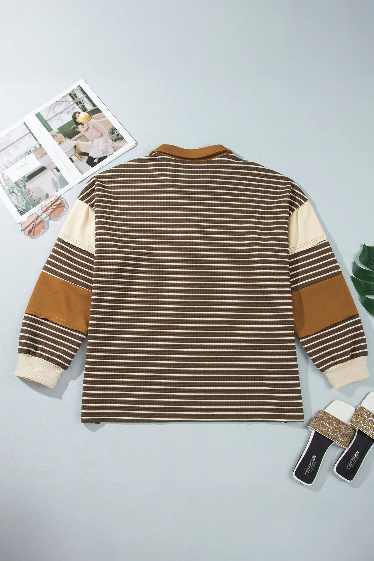 Colourblock Detail Collar V Neck Plus Size Long Sleeve Top – Brown Stripe