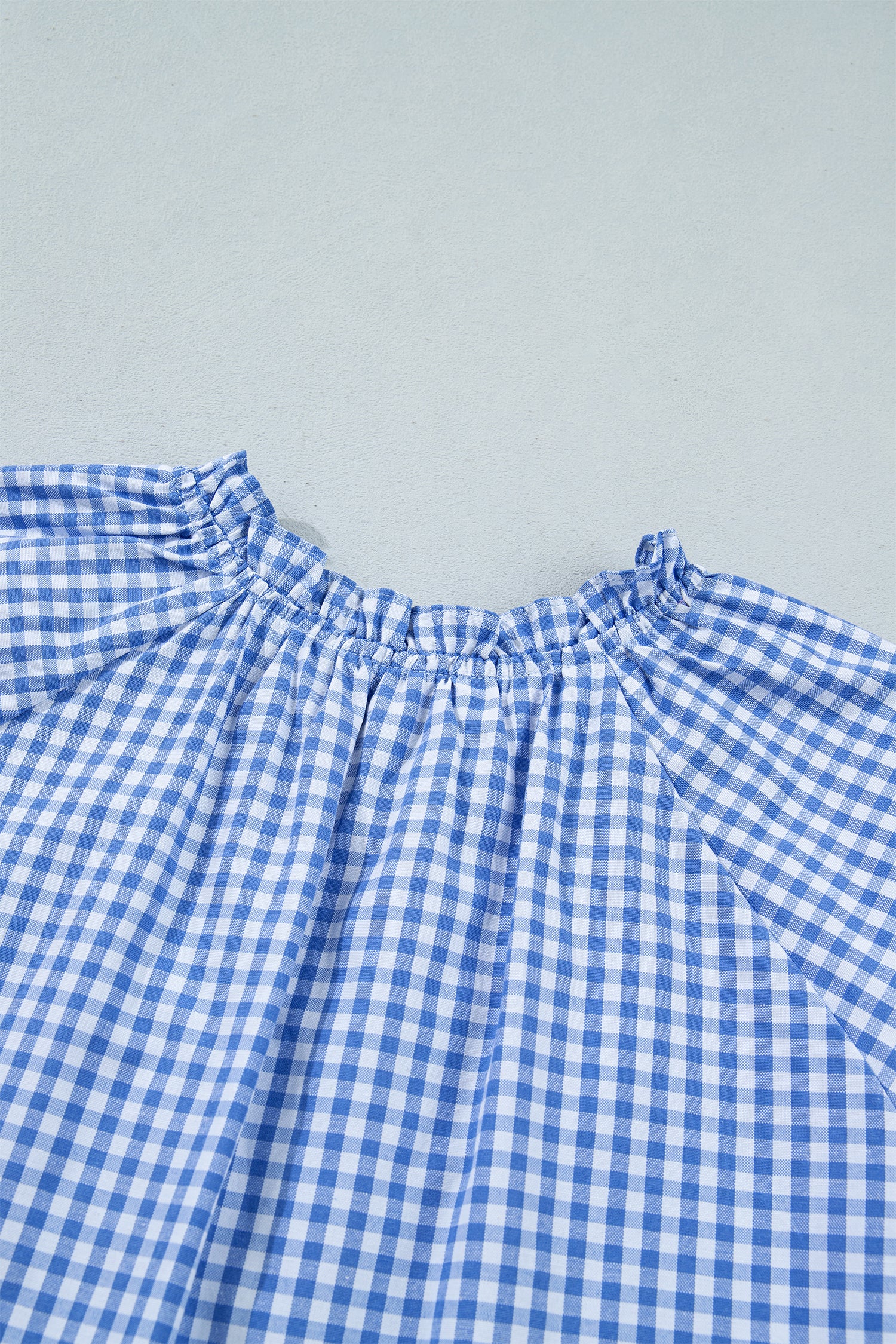 Sky Blue Summer Plaid V Neck Puff Sleeve Blouse – Light Blue