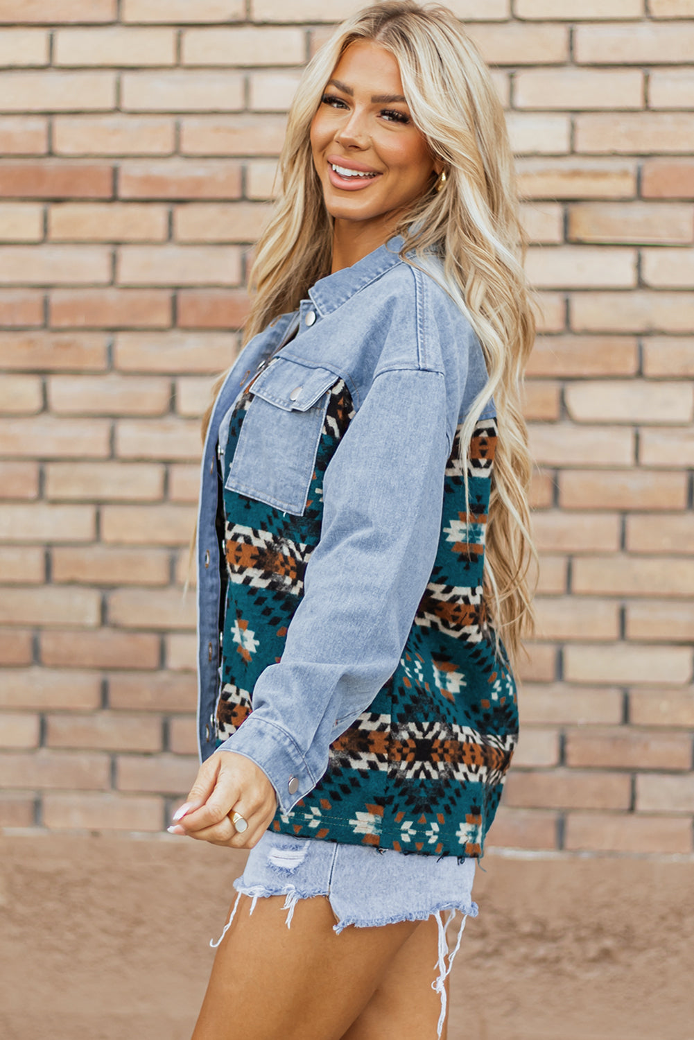 Blue Aztec Printed Denim Jacket Beagle Boutique Fashion Outlet
