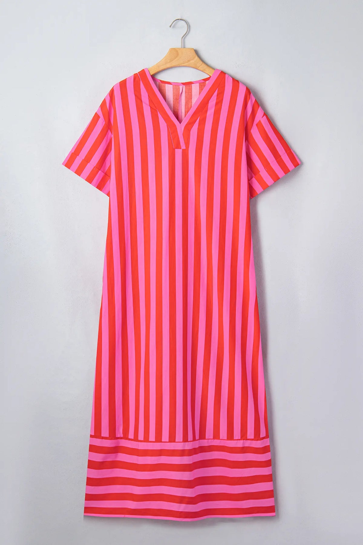 V Neck Cuffed Sleeve Relaxed Split Midi Dress – Red Stripe
