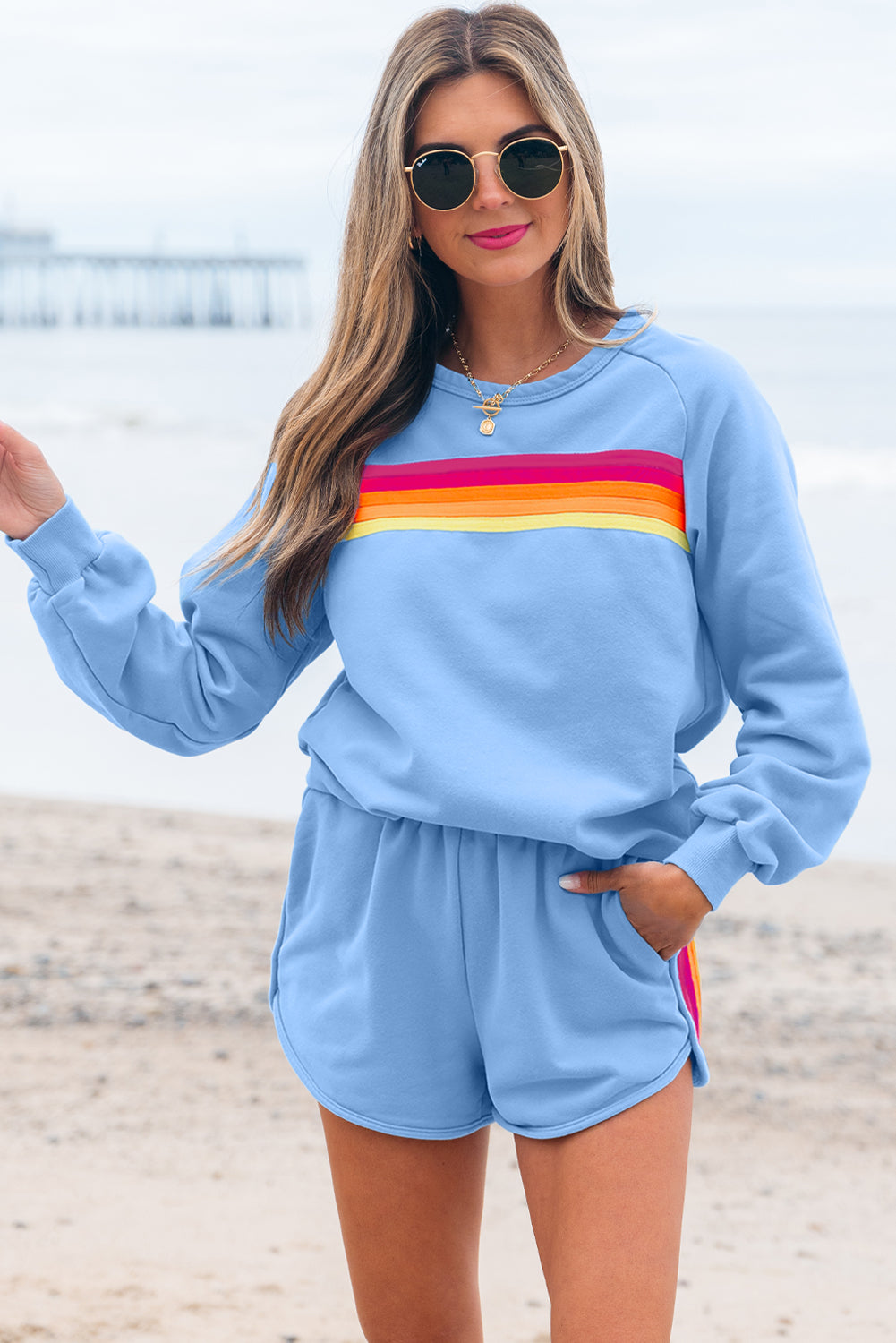 Beau Blue Striped Accent Pullover and Shorts Two Piece Casual Set Beagle Boutique Fashion Outlet