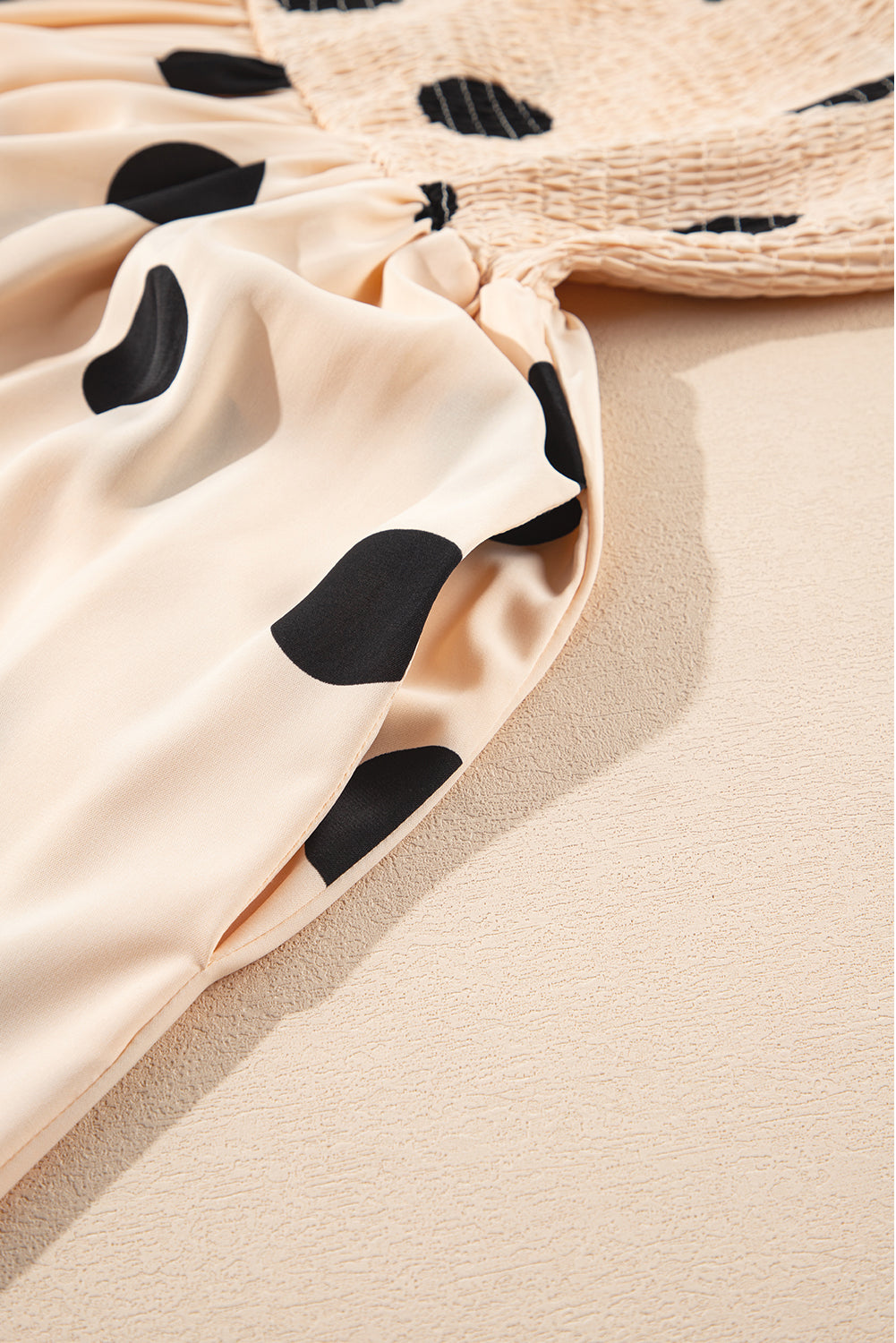 Oatmeal Polka Dot Smocked Fit Flared Sleeveless Long Dress eAura