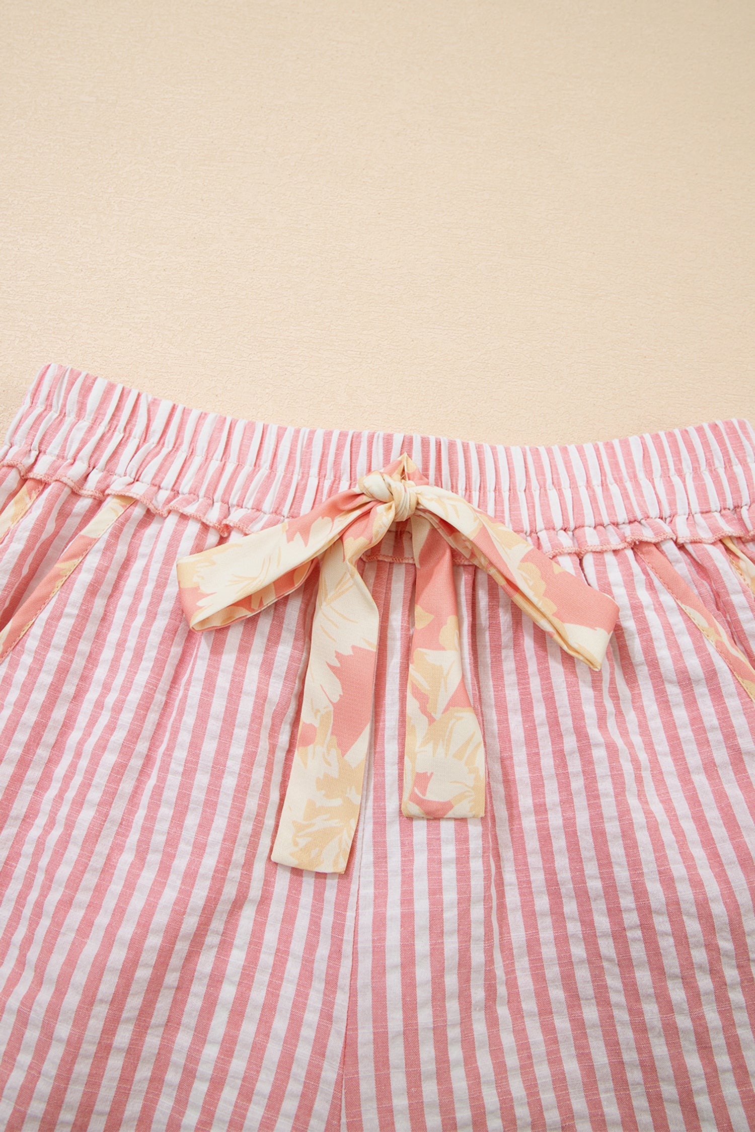 Pink Floral Trim Ribbon Knot Striped Shorts