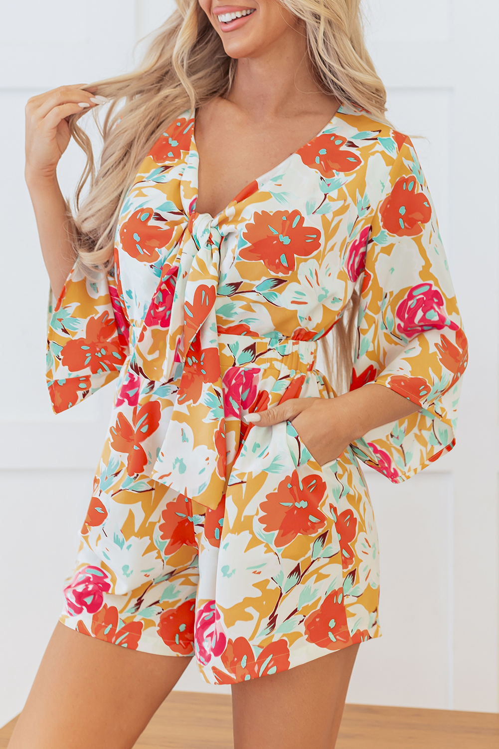 Orange Blooming Floral Print Front Tie Romper Beagle Boutique Fashion Outlet