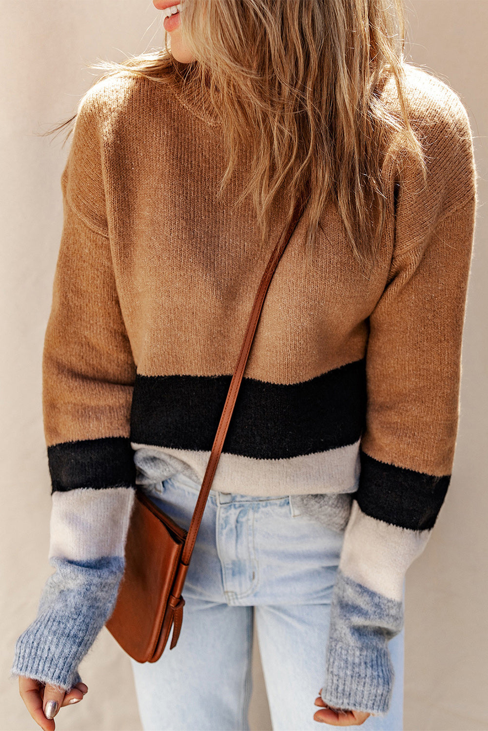 Brown Colour Block Striped Ribbed Knit Sweater eAura