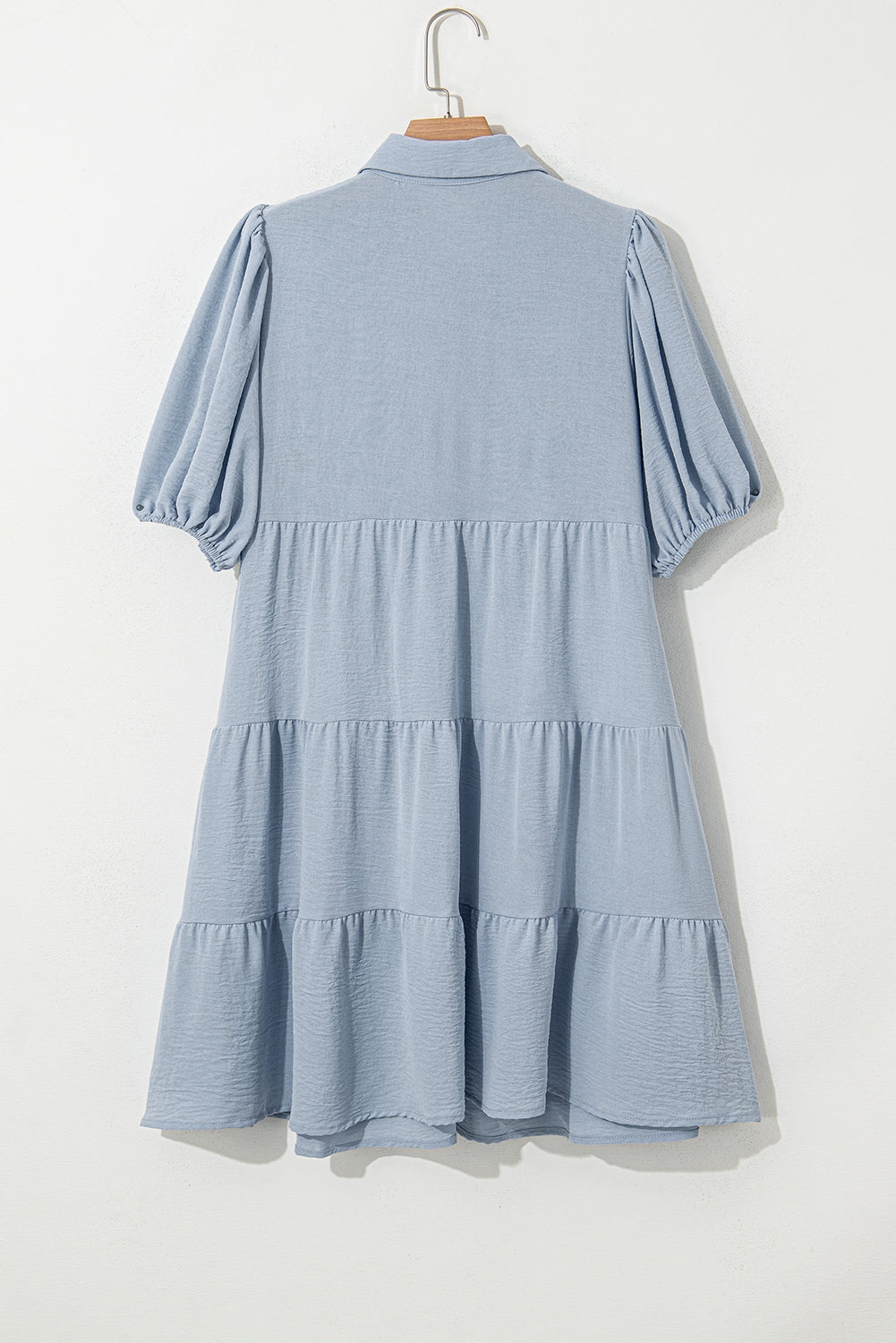 Beau Blue Shirt Collar Button Up Short Puff Sleeve Tiered Shift Dress - eAura
