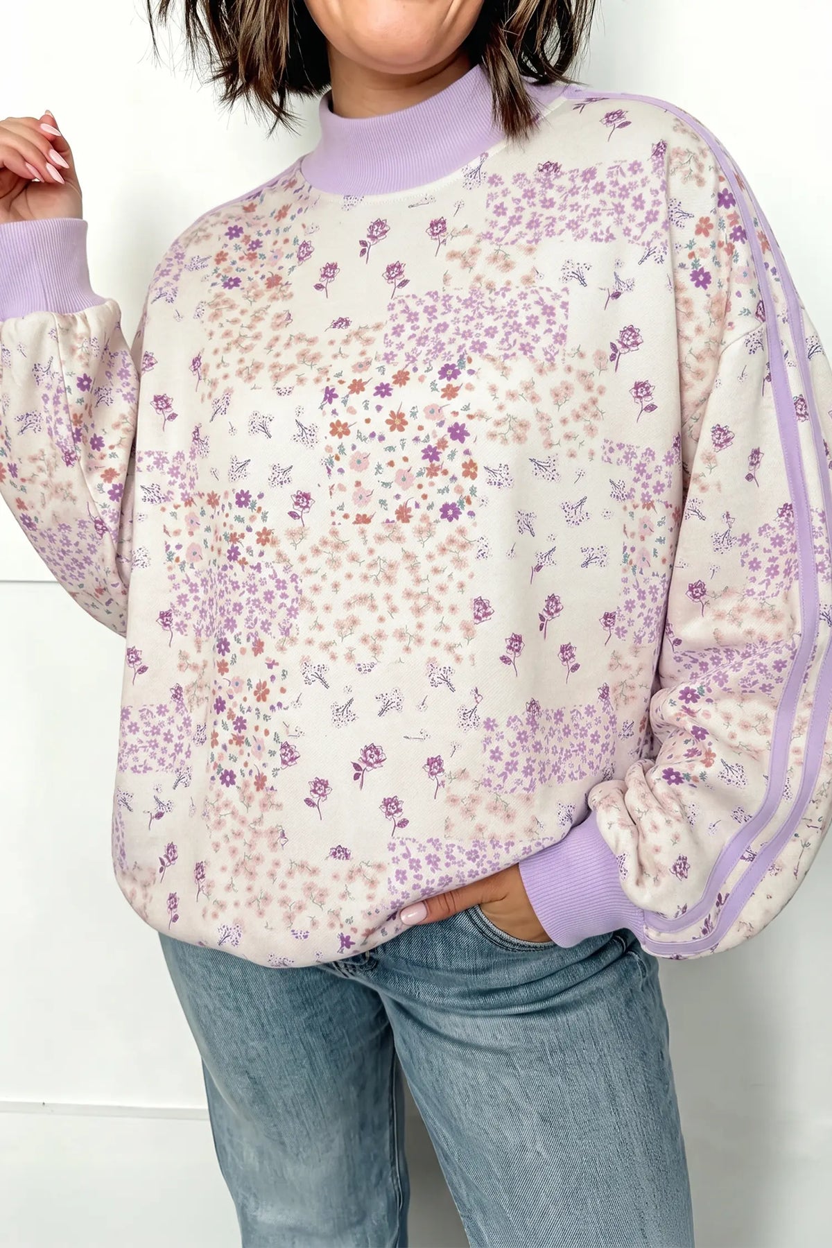 Floral Print High Neck Colourblock Sleeve Paneling Sweatshirt – Purple