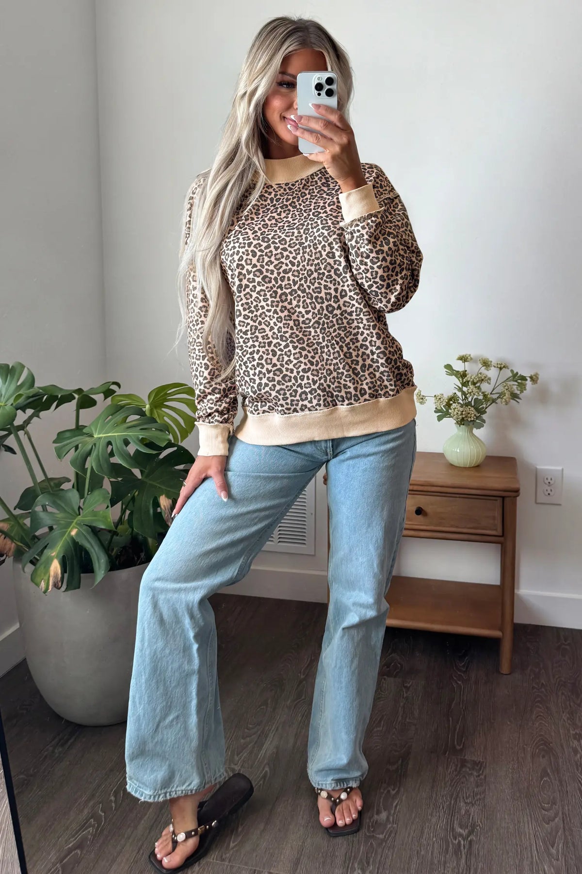 Leopard Print High Neck Long Sleeve Ribbed Cuffs Hem Sweatshirt – Multicolour
