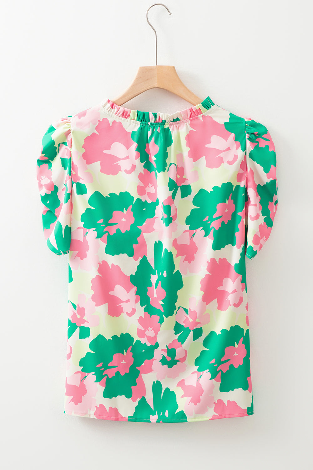Green Abstract Print Frilly Neck Ruched Short Sleeve Blouse eAura