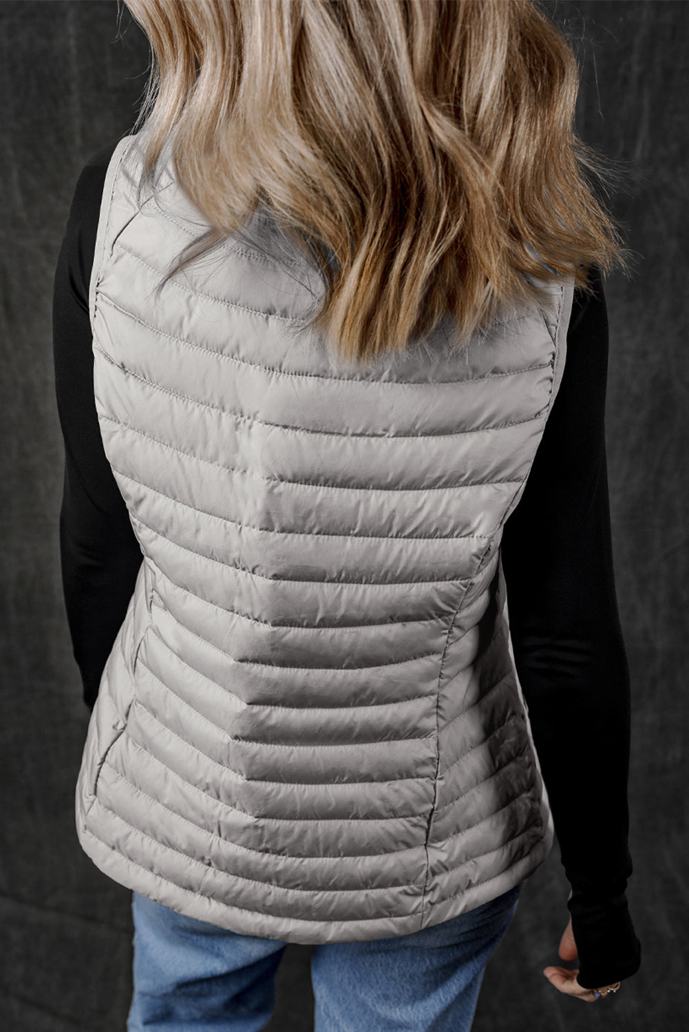 Silvery Plush Collared Quilted Zipped Puffer Vest Beagle Boutique Fashion Outlet
