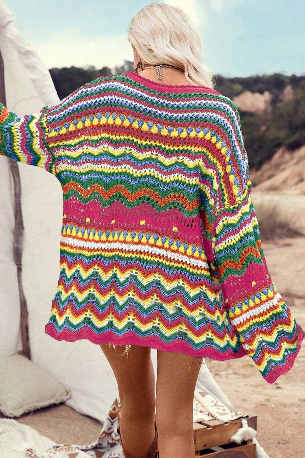 Rose Red Colourblock Striped Hollowed Knit Loose Sleeve Sweater eAura