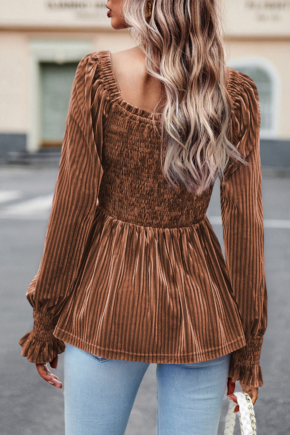 Chestnut Smocked Ribbed Velvet Babydoll Top eAura