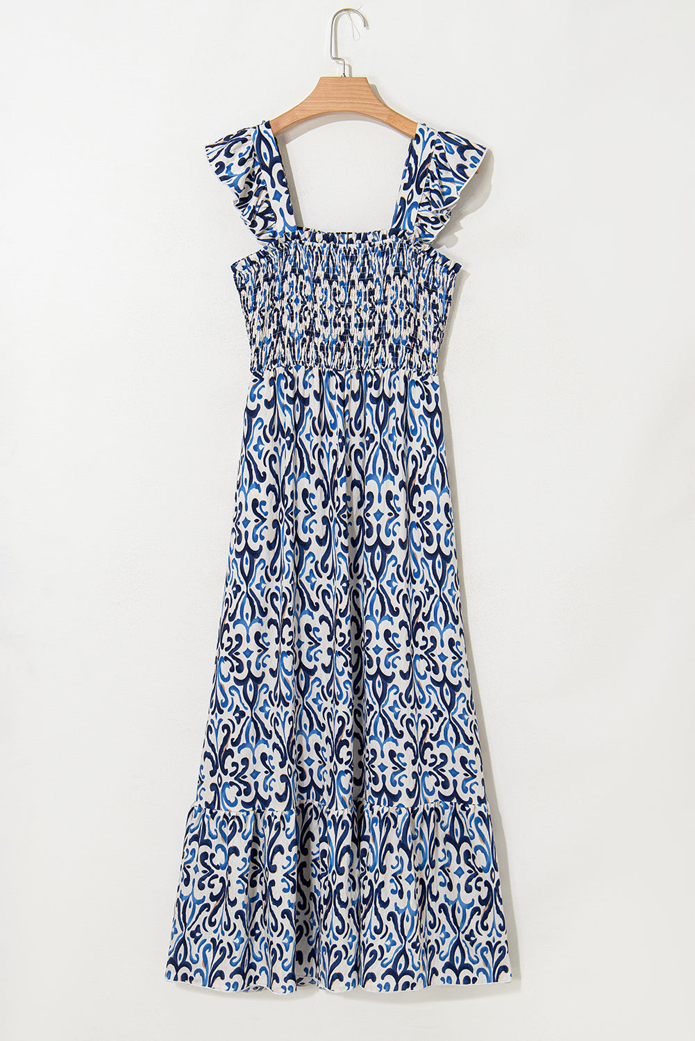 Sky Blue Boho Print Smocked Maxi Dress eAura